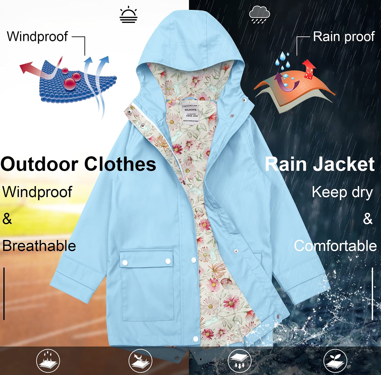 SOLOCOTE Kinder Regenjacke mit Kapuze gefüttert Gummi Regenmäntel für Mädchen Jungen Wasserdicht Winddicht Größe