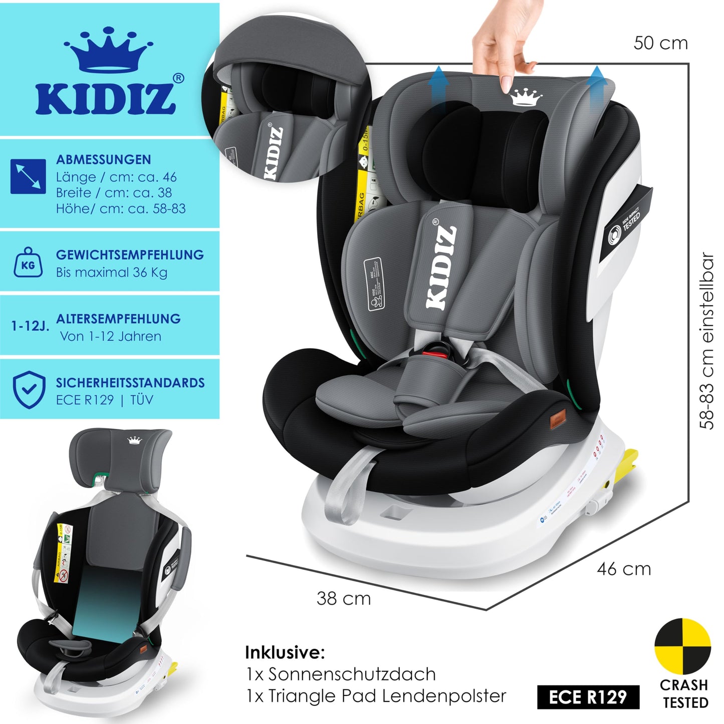 KIDIZ® Kindersitz Baby Autositz Kinderautositz Isofix Top Tether 360° drehbar Gruppe 0/1/2/3 ab Geburt 0-36kg Mit Sonnenschutzdach Seitenschutz 5 Punkt Gurt Kopfstützenverstellung ECE R129 Grau - Meloni2