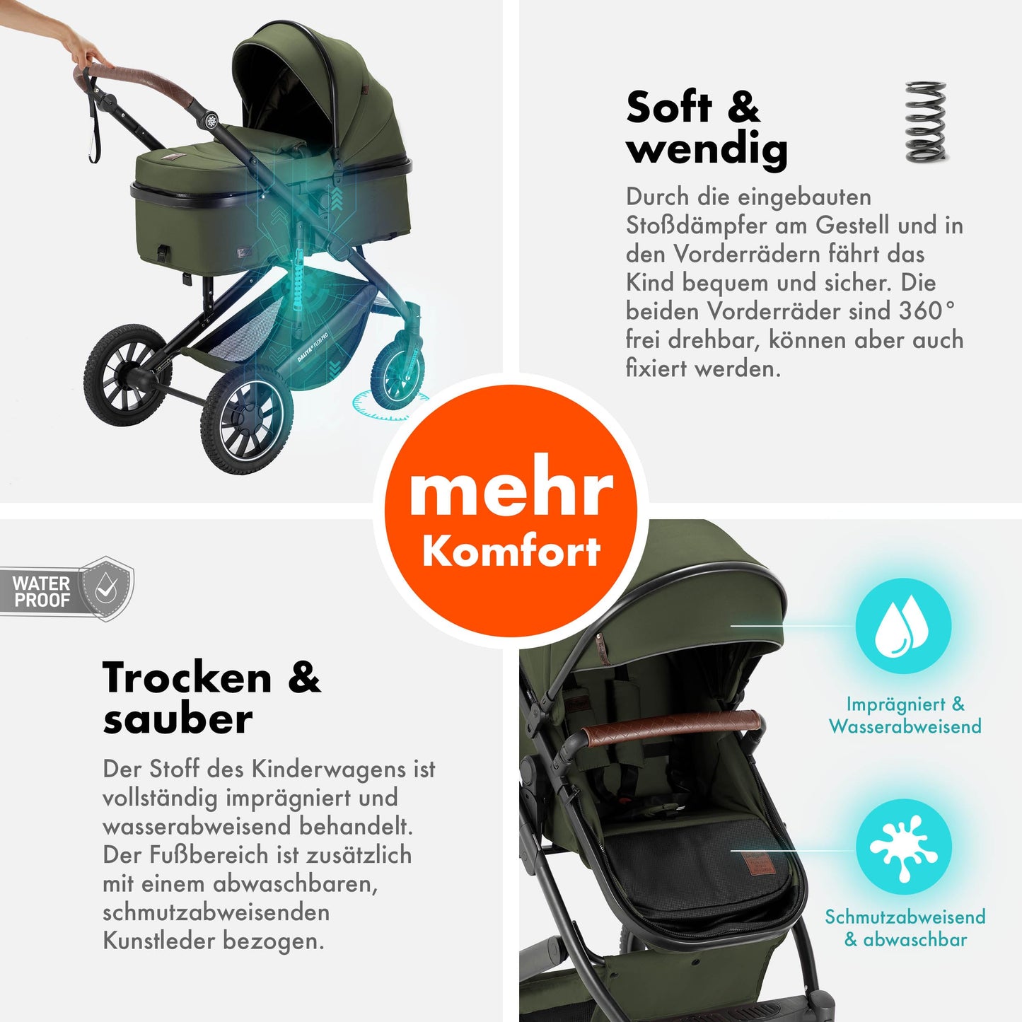 Daliya® FLEXI-PRO M 2in1 Kombikinderwagen & Buggy – XXL-Set, Reise-Kinderwagen mit Einhand-Abnahme, Wetterschutz, Sportsitz, Wickeltasche, Spieltisch, Regenschutz, dicke Matratze (Olivgrün)