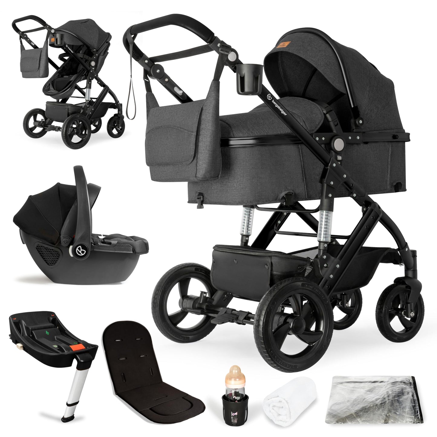 Bergsteiger Nizza 3 in 1 Kinderwagen, Kombikinderwagen Komplettset, Auto-Babyschale & Isofix Station, Babywanne & Buggy Sportsitz inklusive