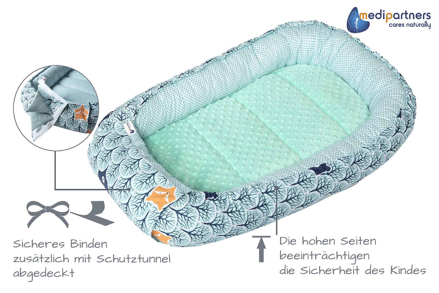 Medi Partners Babynestchen Babynest Set 100x60x15 Kuschelnest 5 teilig herausnehmbarer Einsatz Kokon Nestchen Babys Neugeborene 100% Baumwolle (REH mit Grauem Minky) - Meloni2