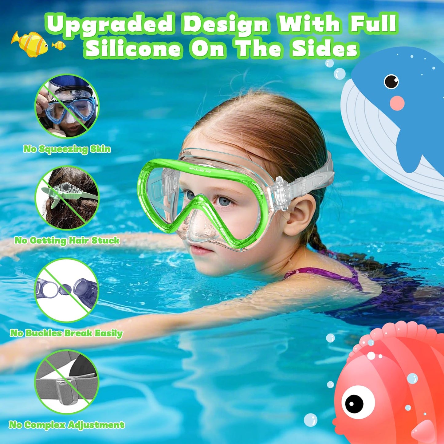 SkrekuiMa Taucherbrille Kinder | Schwimmbrille Kinder Schnorchelmaske Anti-Fog Anti-Leck | Tauchmaske Kinder 180°Panorama HD Tempered Glas für Kinder 4-12 Jahre Jungen Mädchen