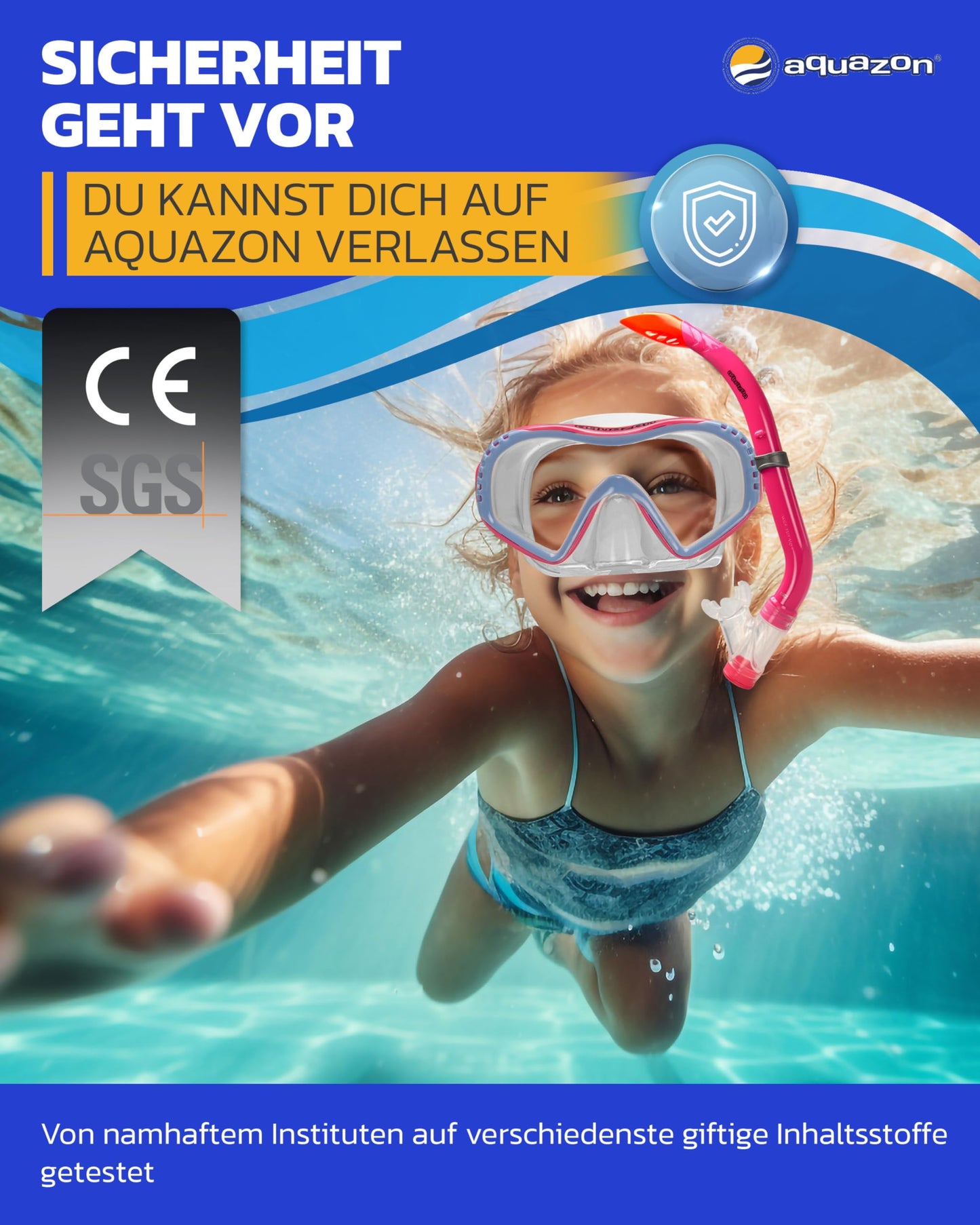 AQUAZON Starfish Kinder Schnorchelset - Taucherbrille mit extra komfortablem Textil Kopfband - 7-12 Jahre - inkl. Schnorchel, superklares temperiertes Glas