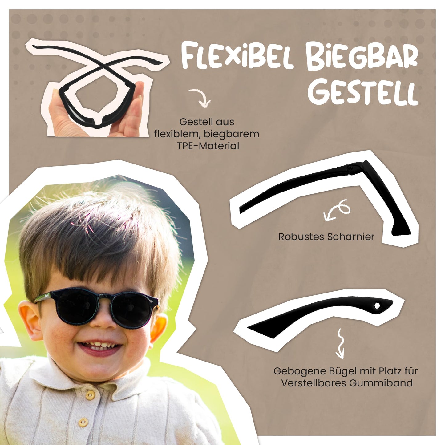 Maesy Kinder Sonnenbrille für Kleinkind und Baby - 1-3 Jahre - UV400 Polarisierter Schutz - Flexibler und Biegsamer Rahmen - Verstellbares Gummiband - Sichere und Bequeme Kindersonnenbrille - Bowi