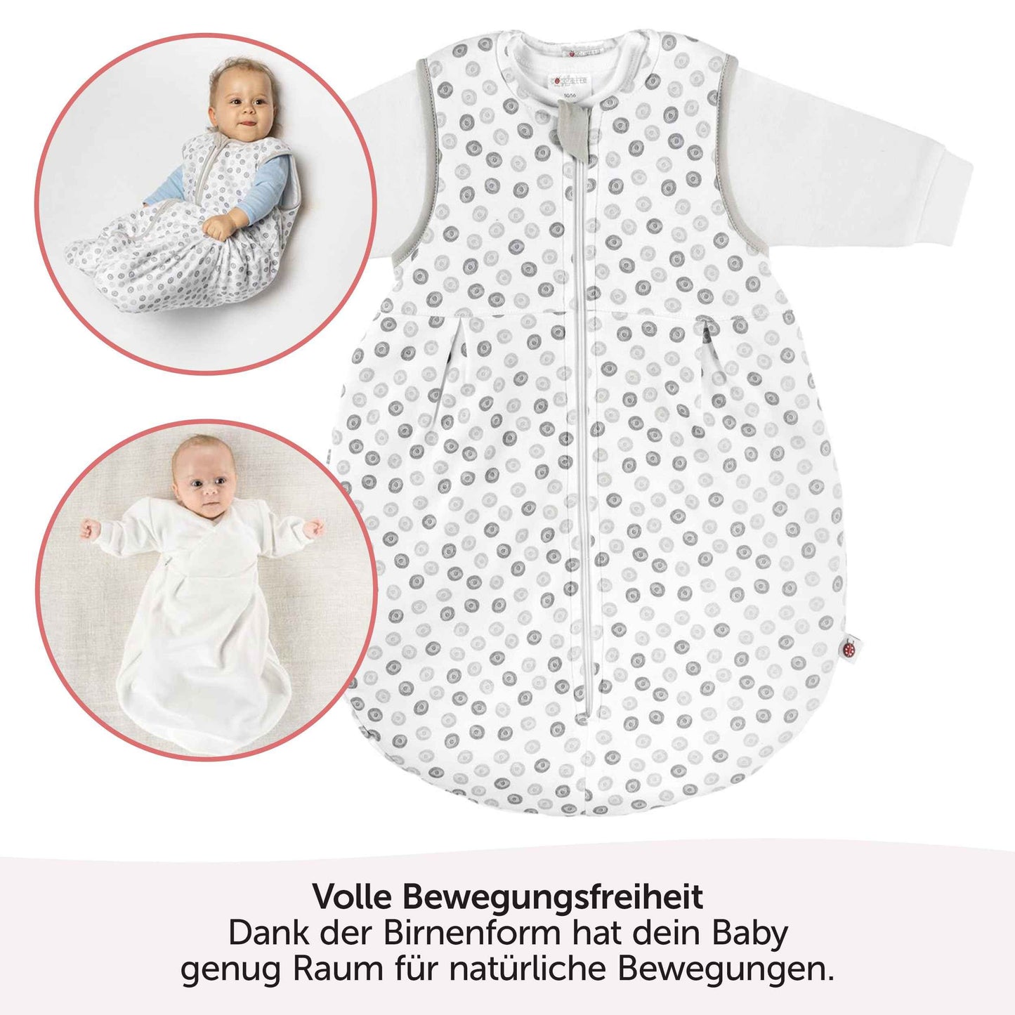 Coconette Circle All-Year Baby Sleeping Bag - 2-Piece: Long-sleeved inner bag and lined outer bag for summer and winter. 100 % cotton. White