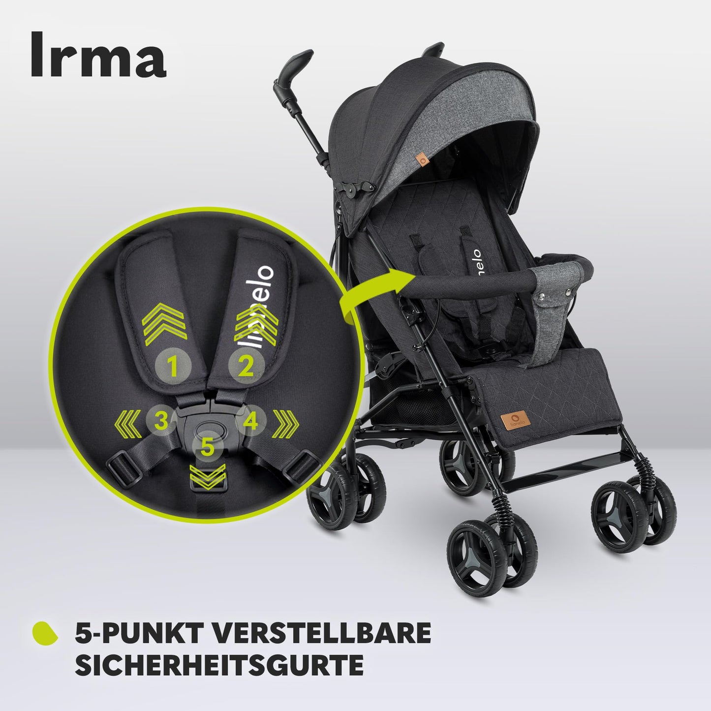 Lionelo Irma Pushchair up to 15 kg, Lightweight Modern Pushchair with Reclining Function, Foldable, Large 6 Inch Wheels, Large Basket, Bag, Mosquito Net
