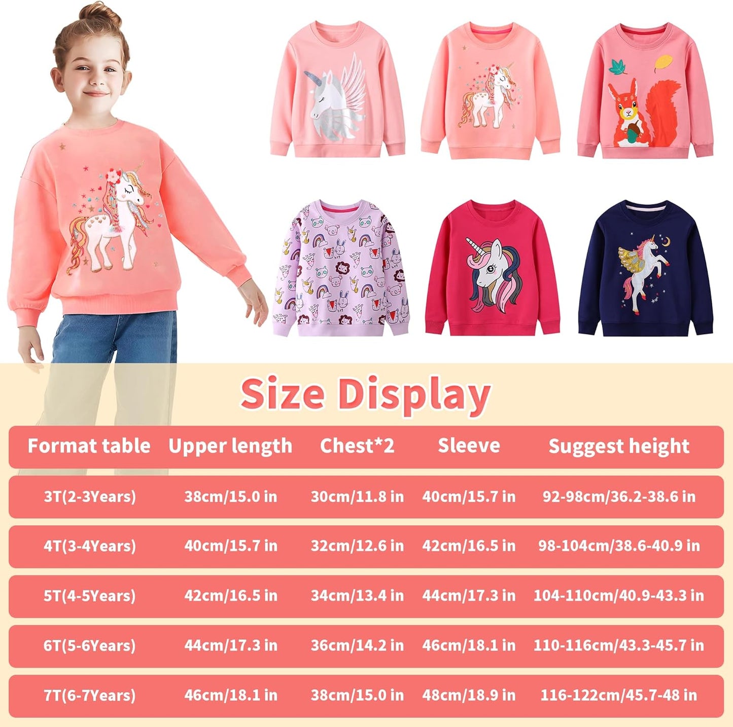 JinBei Sweatshirt für Mädchen Kinder Pullover Baumwolle Top Casual Jumper Kleinkind Langarmshirt Warme Kleidung, Alter 2-7 Jahre alt, Gr.92-122