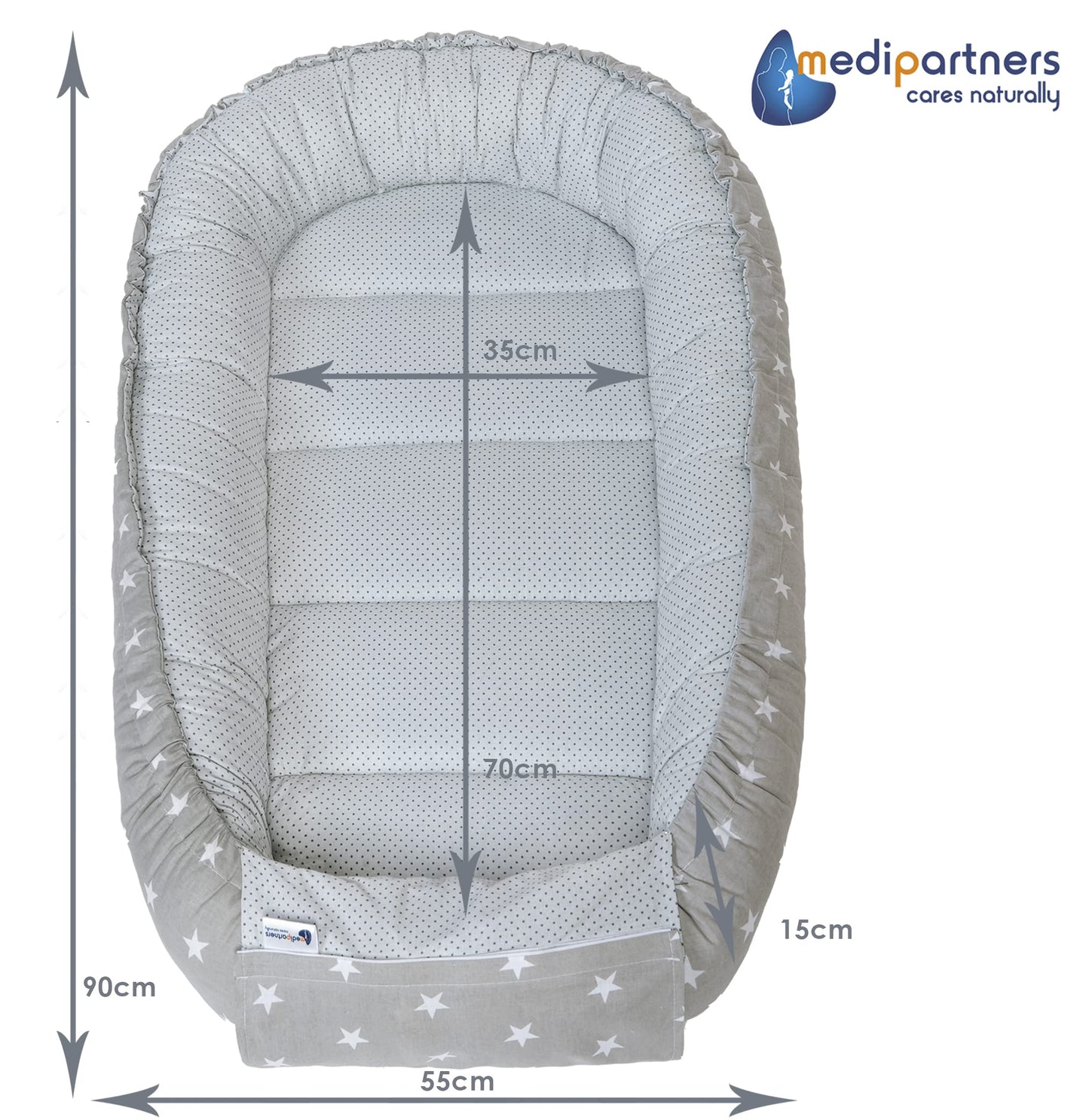 Medi Partners Babynestchen Babynest Set 100x60x15 Kuschelnest 5 teilig herausnehmbarer Einsatz Kokon Nestchen Babys Neugeborene 100% Baumwolle (REH mit Grauem Minky)