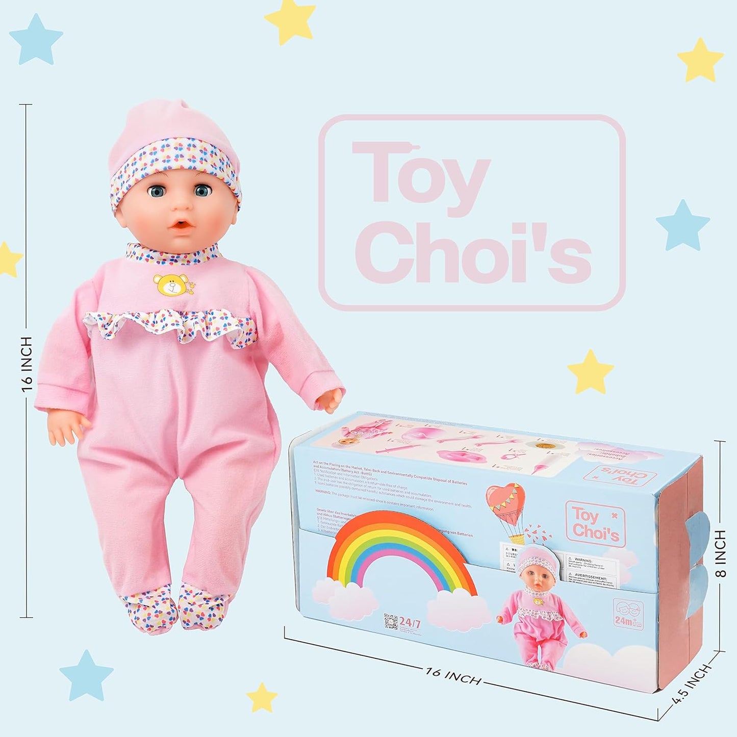 Toy Choi's Baby Puppe – Sprechende 40cm Puppen für Mädchen ab 2 Jahren mit Geräuschen und lustigem Fütterungszubehör, weiches Babypuppen Spielzeug für Kleinkinder und Kinder