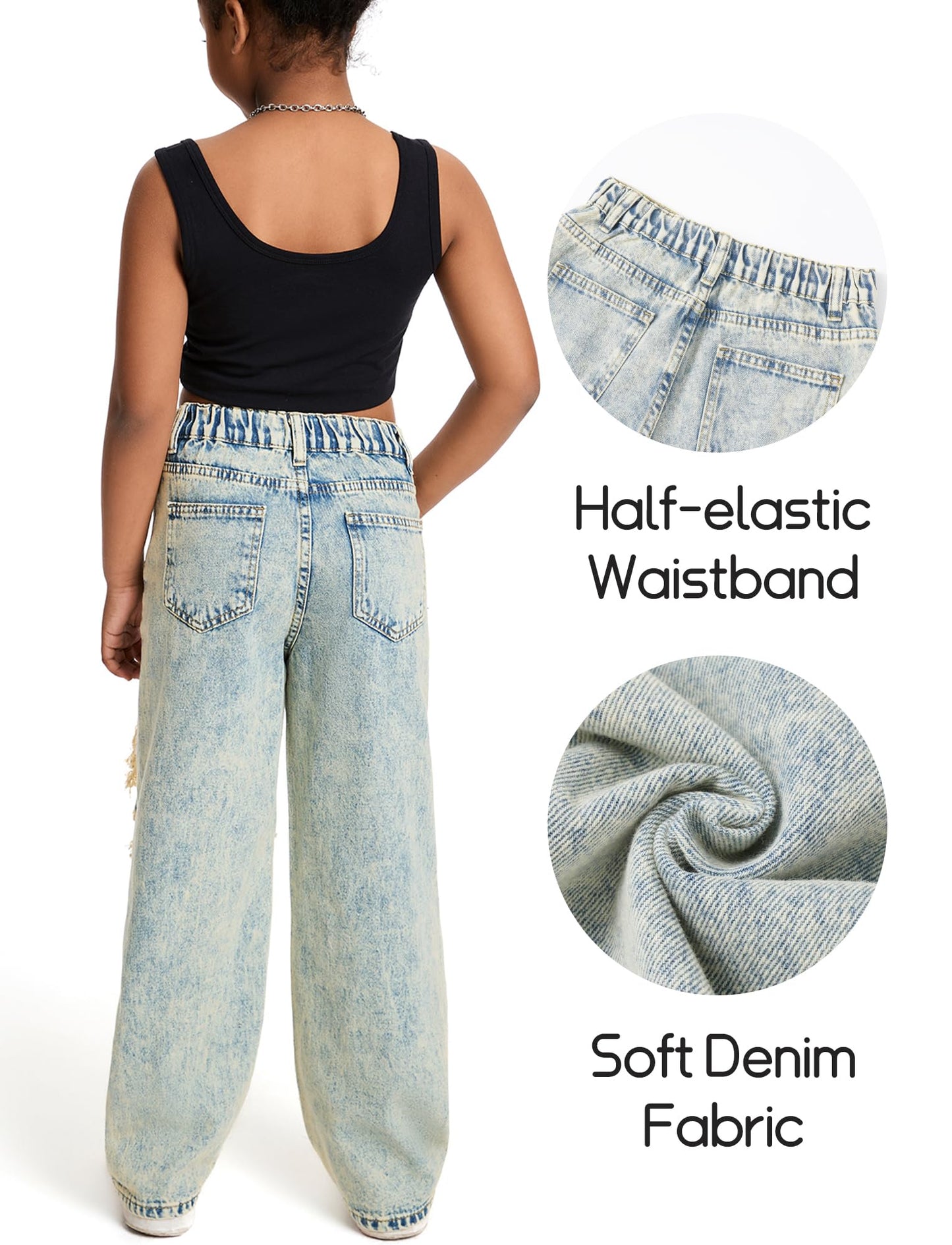 Happy Cherry Mädchen Jean Hosen Loch Wash Denim Blau Hose Kinder Elastische Taille Vintage Jeans Weites Bein Jeanshosen 130-160