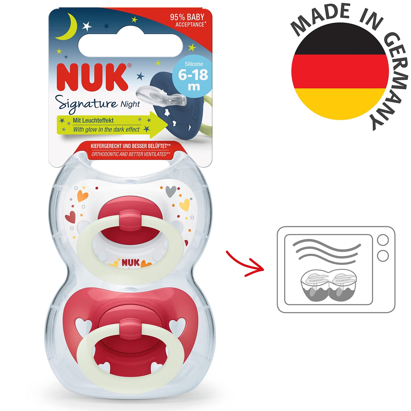 NUK Signature Baby Pacifier | 0-6 Months | Soothes 95% of Babies | BPA Free Silicone Heart-Shaped Pacifier | With Case | Green Stars | Pack of 2