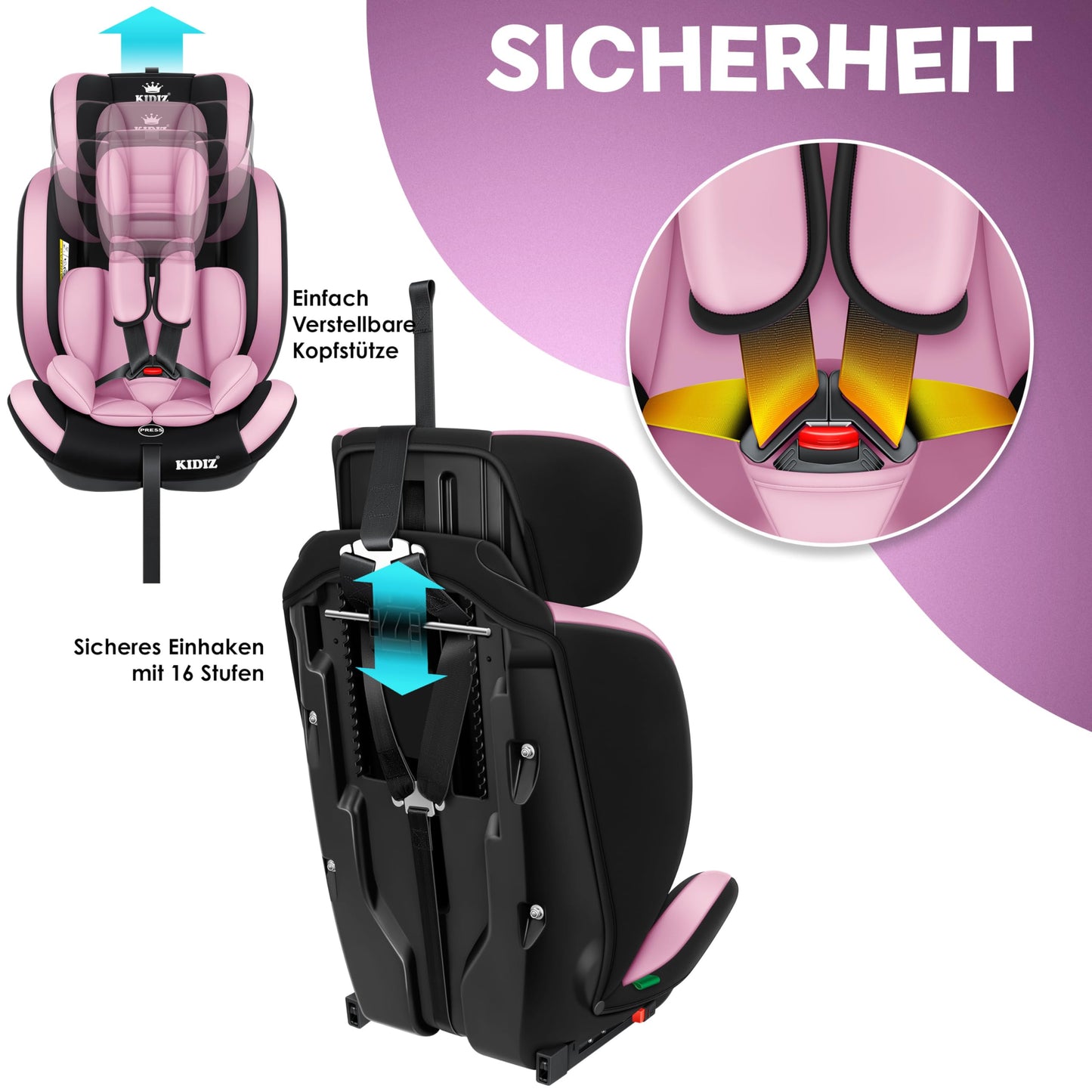 KIDIZ® Autokindersitz Kinderautositz Gruppe 1+2+3 9-36 kg 5-Punkt-Sicherheitsgurt, Autositz, Kindersitz, Einstellbare Kopfstütze, Mitwachsende Sitzerhöhung 1-12 Jahre, Stabil und Sicher - Meloni2