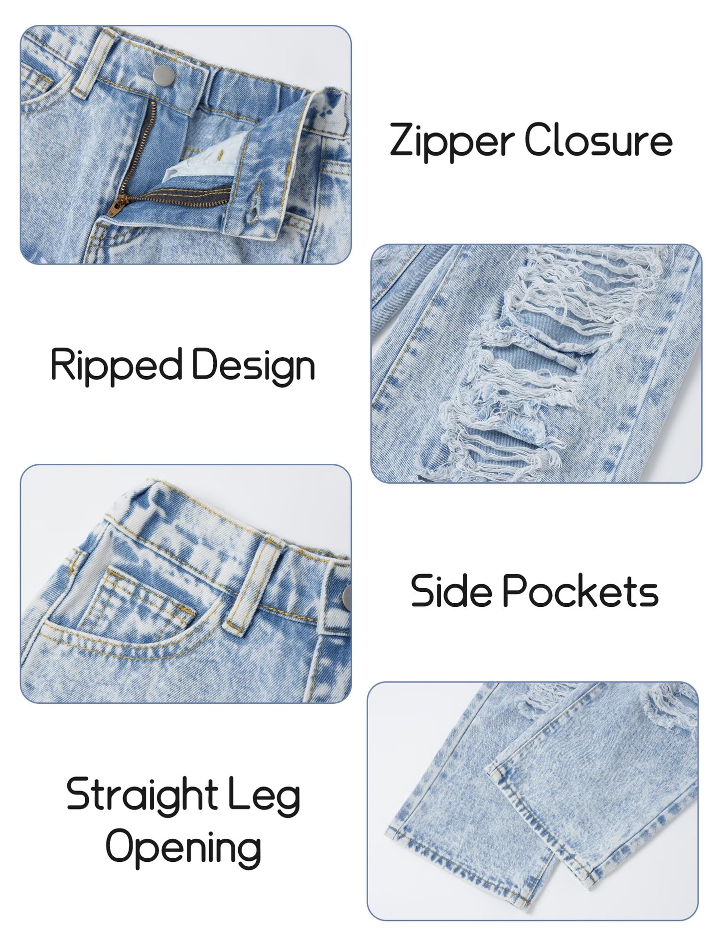 Happy Cherry Mädchen Jean Hosen Loch Wash Denim Blau Hose Kinder Elastische Taille Vintage Jeans Weites Bein Jeanshosen 130-160