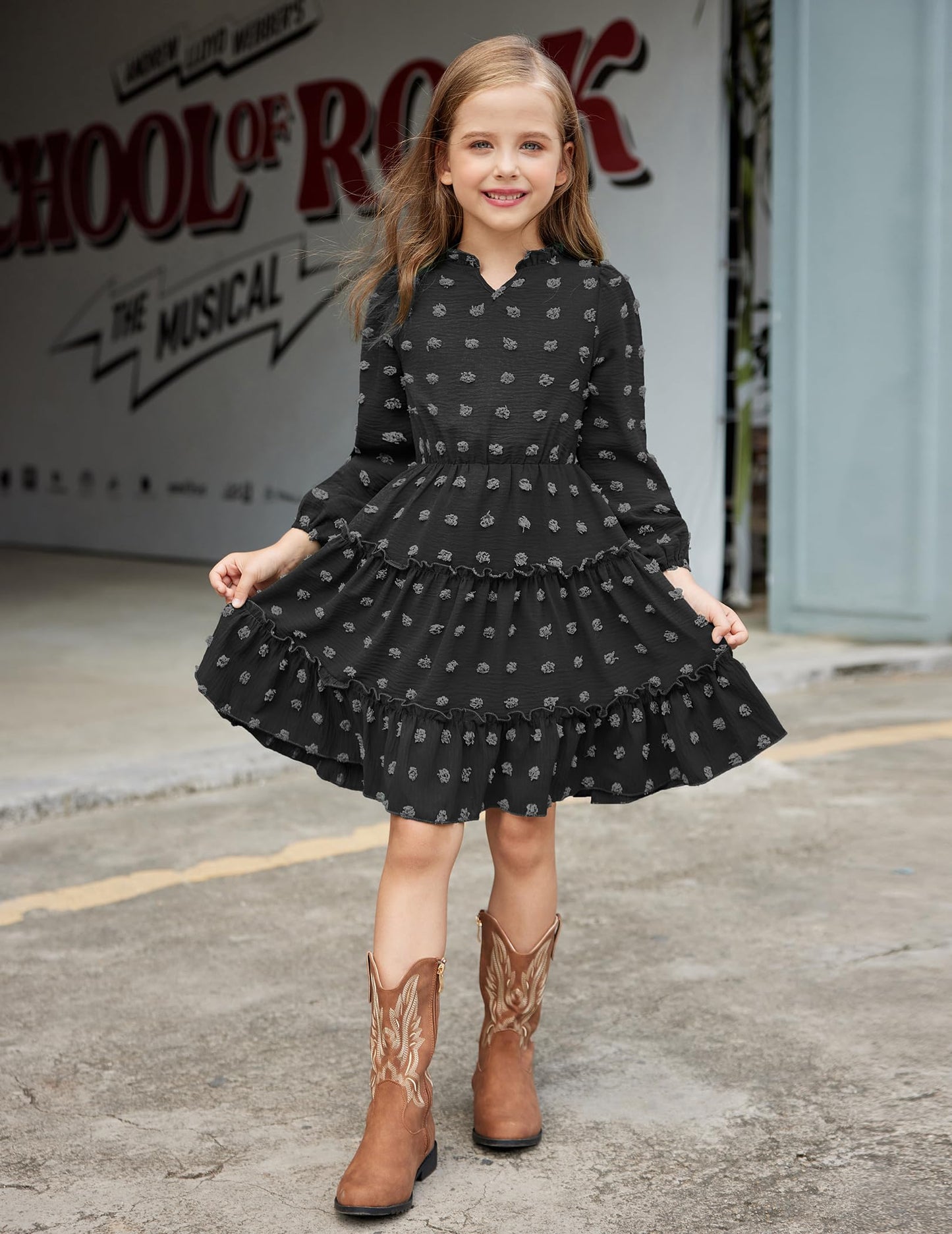 Arshiner Dress Girls Festive Flounce V-Neck Long Sleeve Dress Swiss Dot Chiffon Dress Children Tiered Dress A-Line Party Dress Wedding Princess Dress Swing Skater Dress 5-12 Years