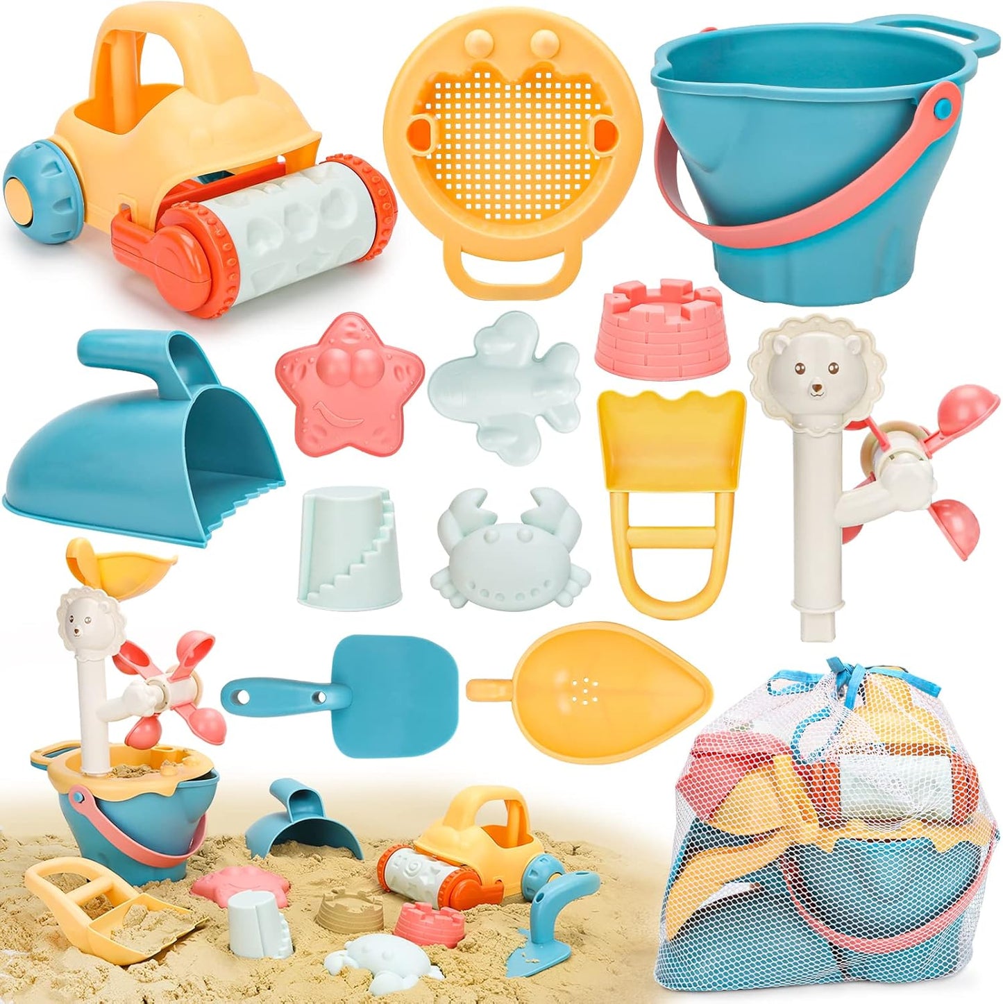 Sanlebi Sand Toy Set, Children's Sandpit Toy with Bucket, Sand Shapes, Mesh Bag, Beach Outdoor Games for Boys and Girls
