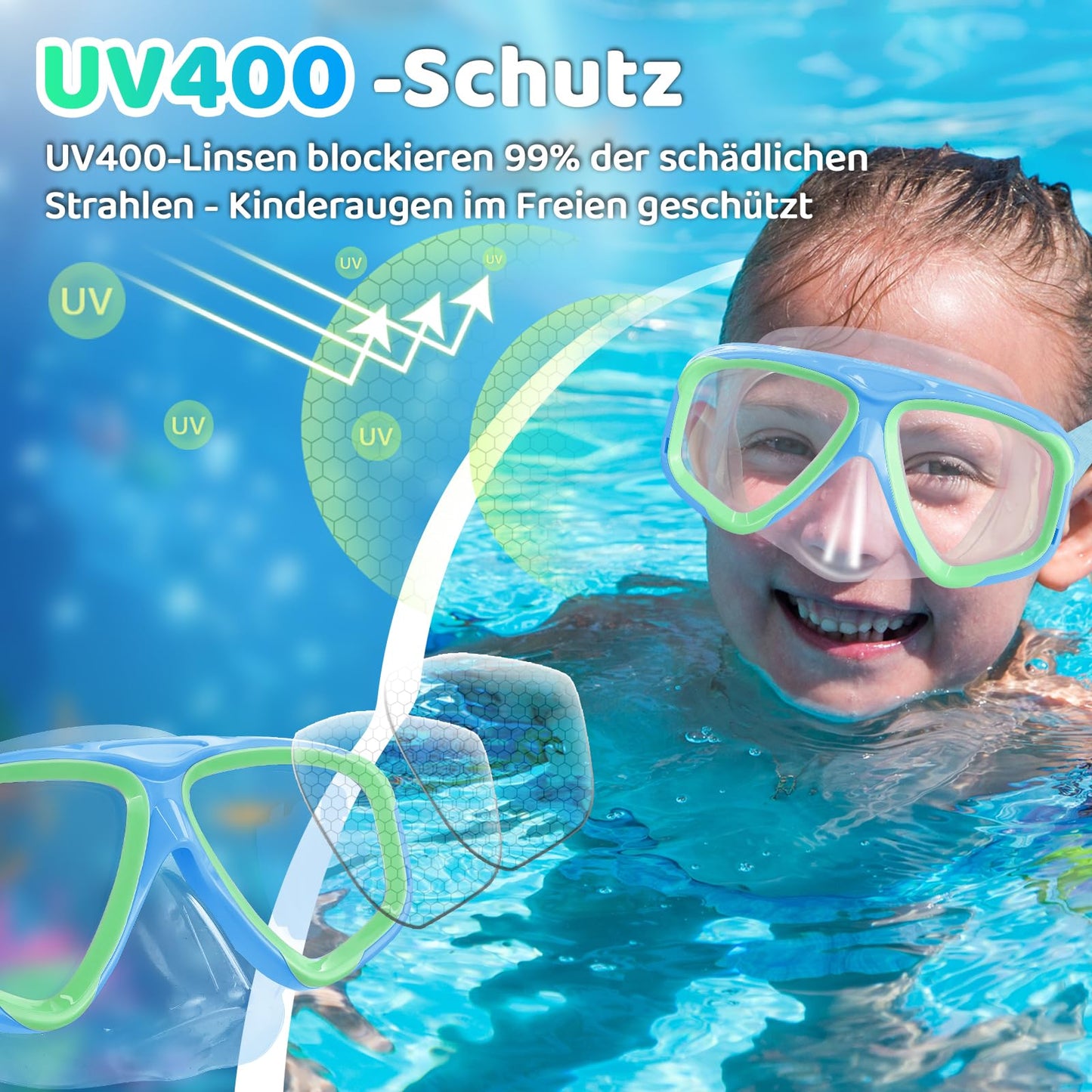 Vvinca Swimming Goggles for Kids with Nose Guard and Fabric Strap, Shatterproof, Anti-Fog and Waterproof for Children 3-14 Years