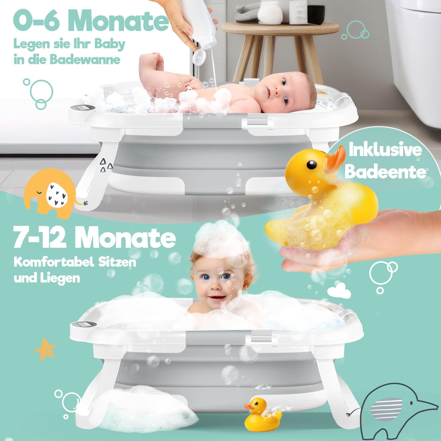 KIDIZ® Baby Bathtub, Baby Bathtub, Space-Saving & Foldable, Bath Tub, Shower Tray for Newborns, Toddlers, 0-24 Months, Portable Travel Shower for Babies, Ergonomic Bathtub with Thermostat and