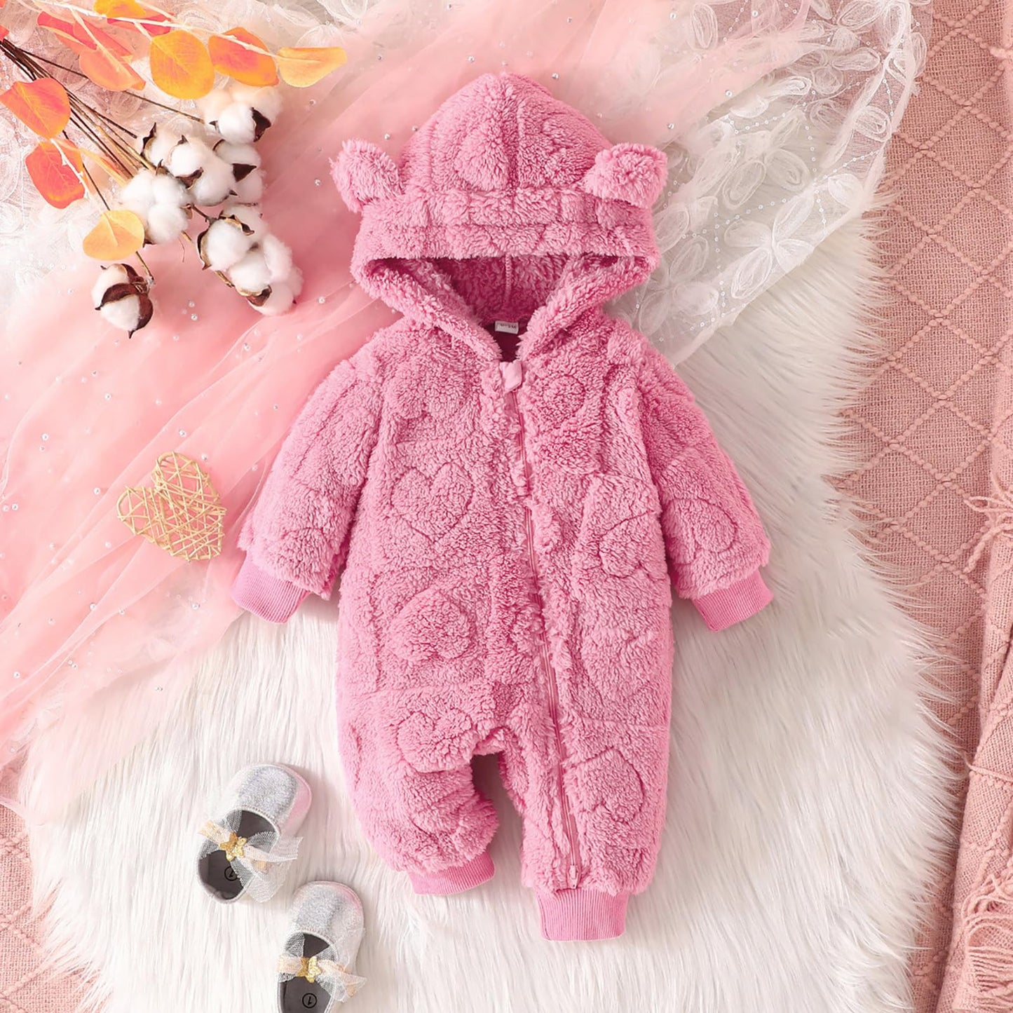 Winmany Newborn Baby Winter Snowsuit Bear Fleece with Hood Jumpsuit Heart Romper Winter Coat Outwear for Boys Girls