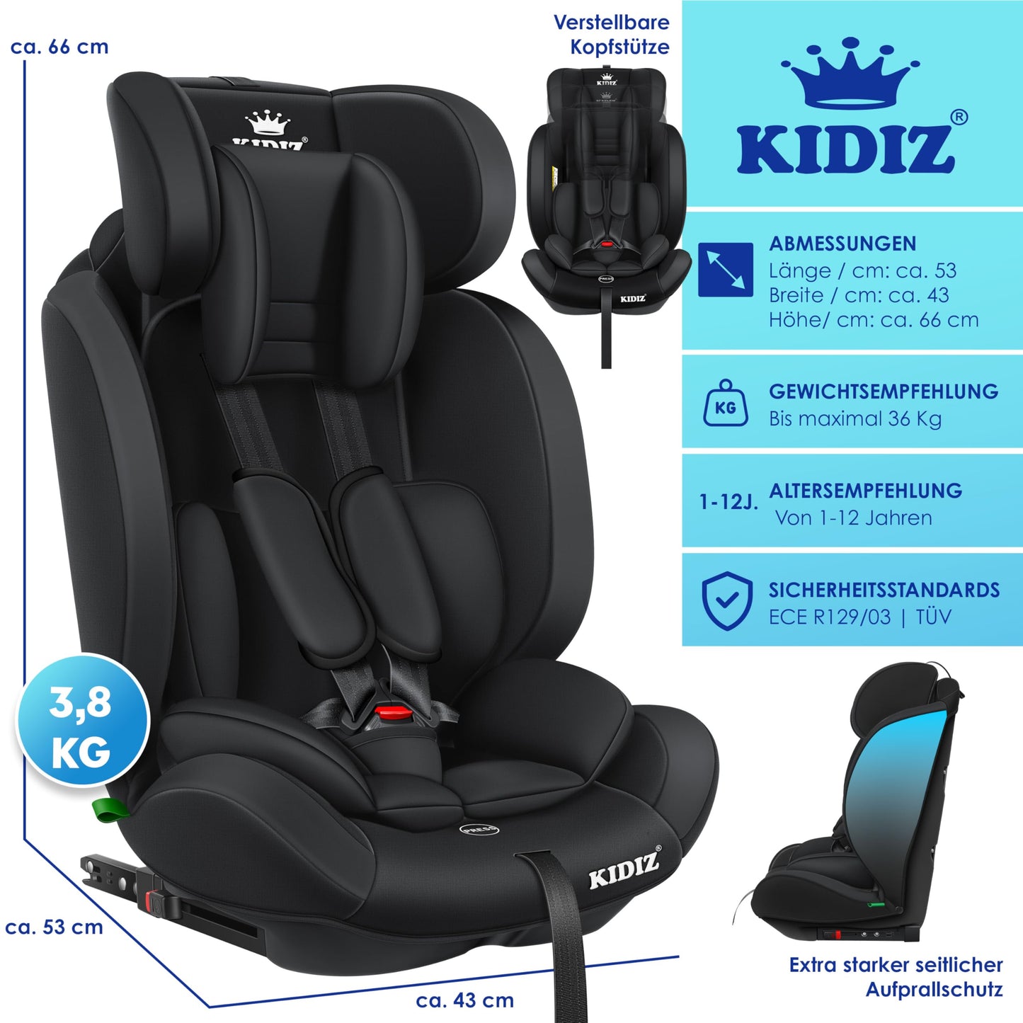 KIDIZ® Autokindersitz Kinderautositz Gruppe 1+2+3 9-36 kg 5-Punkt-Sicherheitsgurt, Autositz, Kindersitz, Einstellbare Kopfstütze, Mitwachsende Sitzerhöhung 1-12 Jahre, Stabil und Sicher