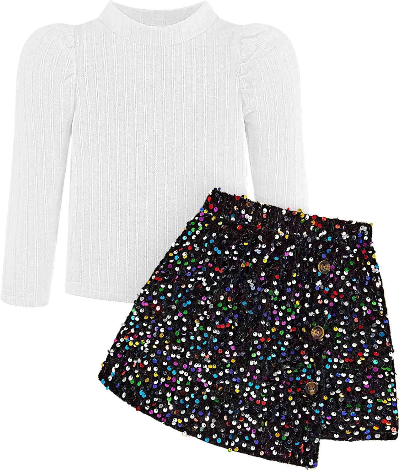Bkixhv Baby Girls Clothes, Toddler Girls Skirt Set, Autumn Outfits, Long Puff Sleeves, Tops and Sequin Mini Skirt