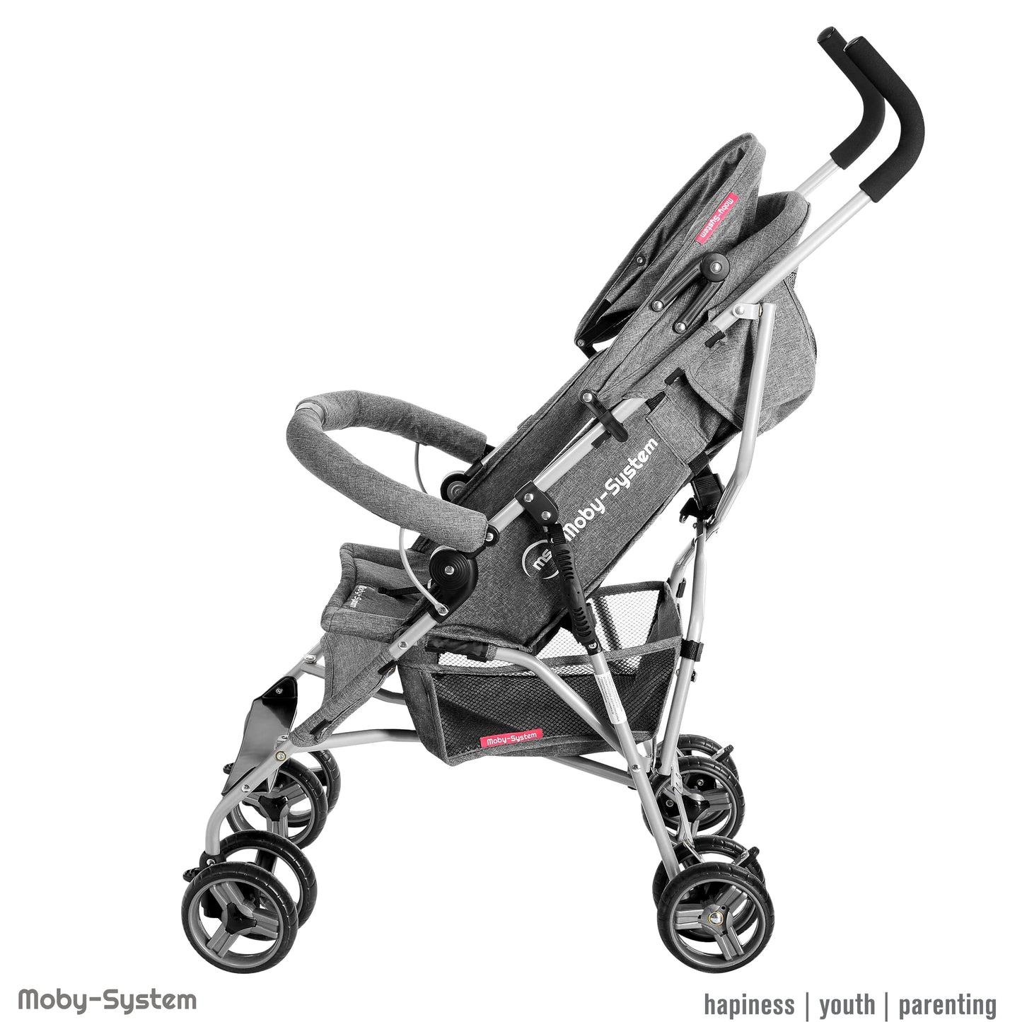 Moby-System, Buggy, superleicht und kompakt, bis 14 kg, verstellbare Rückenlehne, Doppelräder, schwenkbare Schaumstoffräder, faltbar, mit Sonnendach – idealer Kinderwagen für Spaziergänge, grau