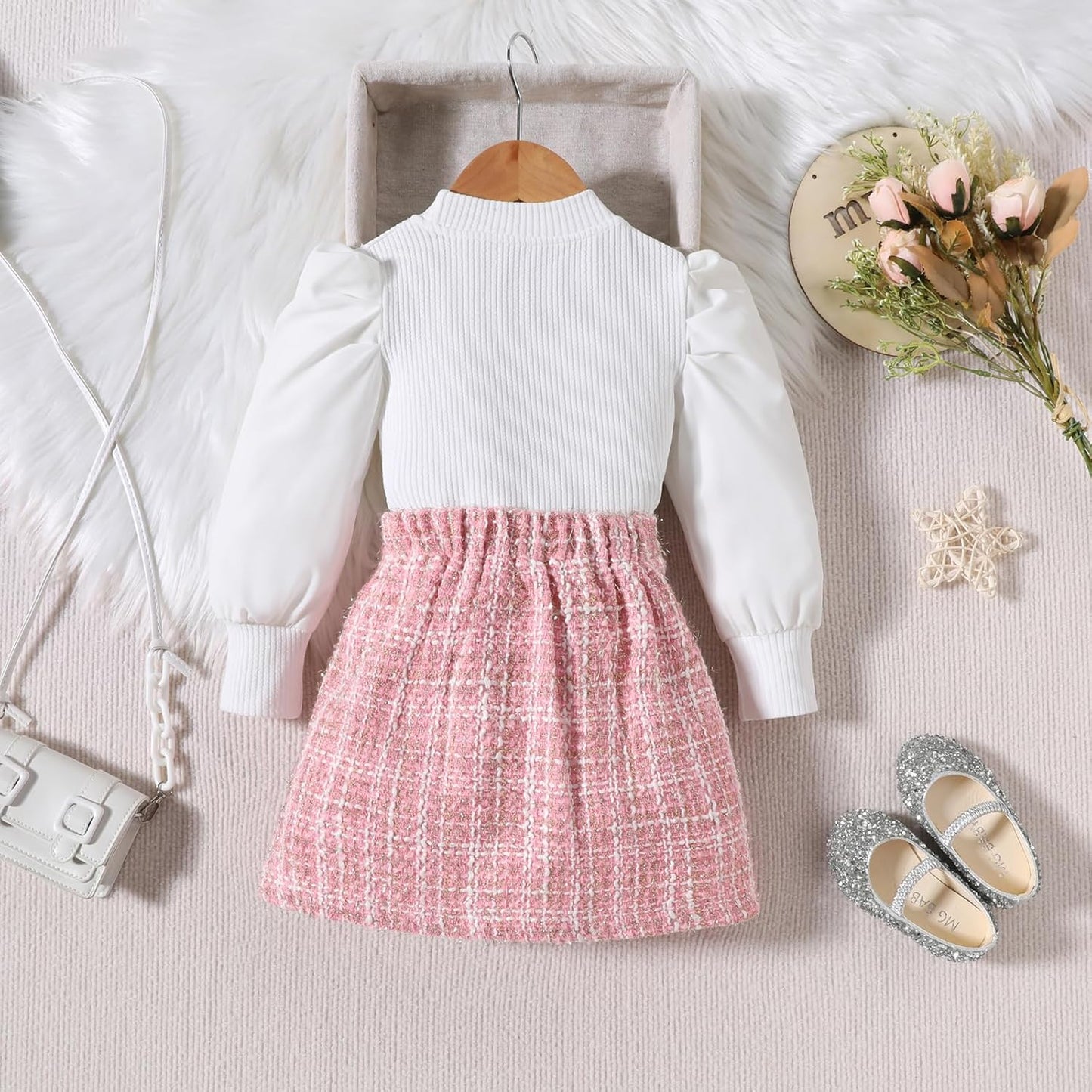 UUAISSO Kleinkind Baby Mädchen Kleidung Langarm Gerippte Oberteile Plaid Tweed Muster Rock Baskenmütze Herbst Knopf Outfits Sets