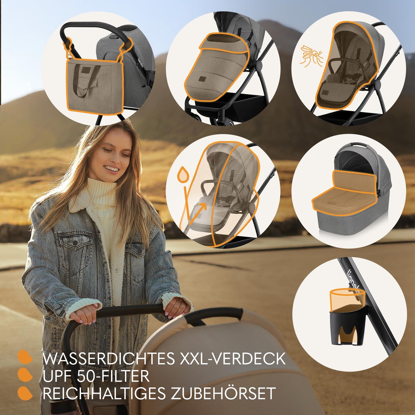 LIONELO MERIL 3-in-1 Multifunktionaler Kinderwagen 0-48 Monate Bis zu 22 kg, Babywanne bis zu 9 kg, Kindersitz bis zu 13 kg, Geländeräder 360°, Vollfederung, XXL-Verdeck mit UPF50+ - Meloni2