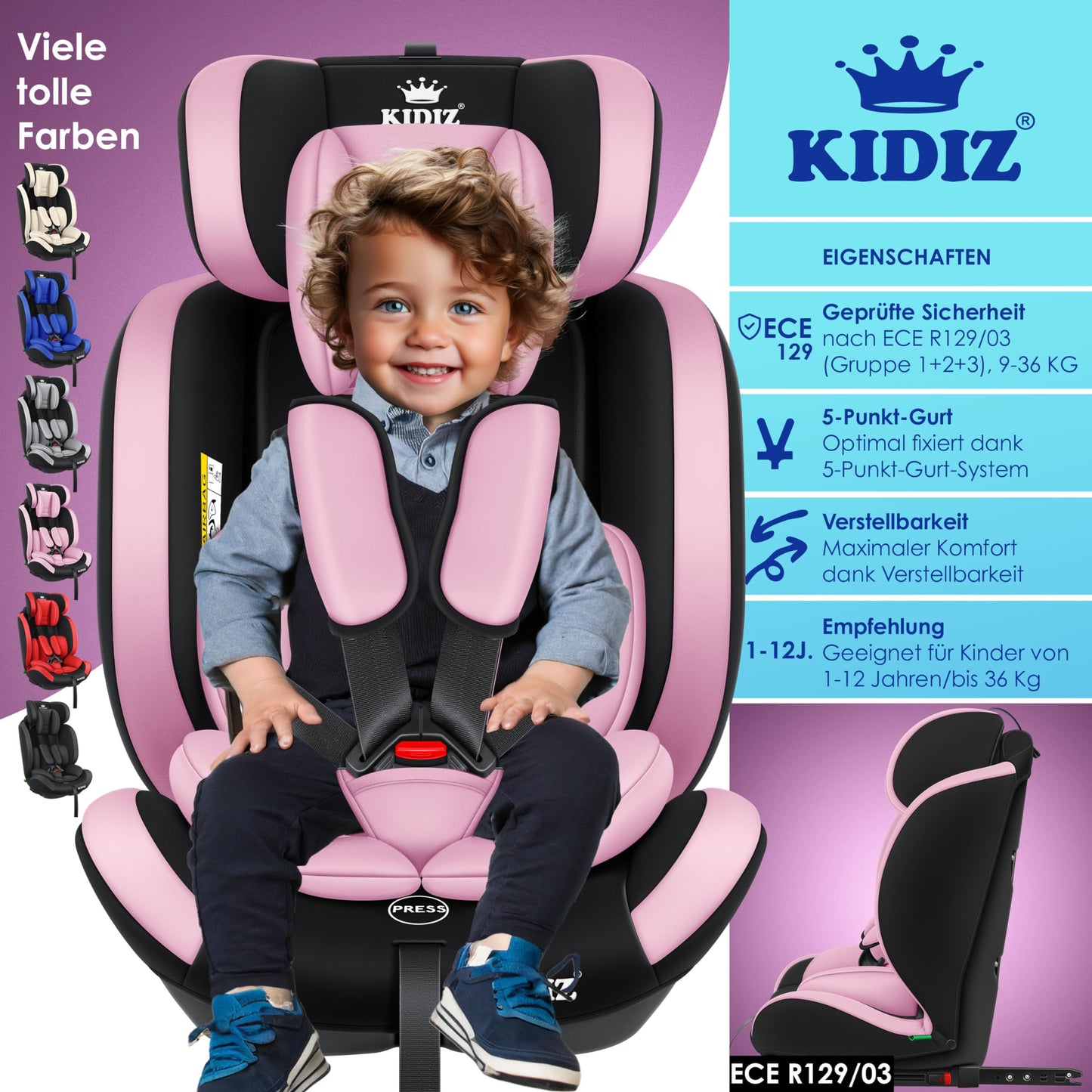 KIDIZ® Autokindersitz Kinderautositz Gruppe 1+2+3 9-36 kg 5-Punkt-Sicherheitsgurt, Autositz, Kindersitz, Einstellbare Kopfstütze, Mitwachsende Sitzerhöhung 1-12 Jahre, Stabil und Sicher - Meloni2