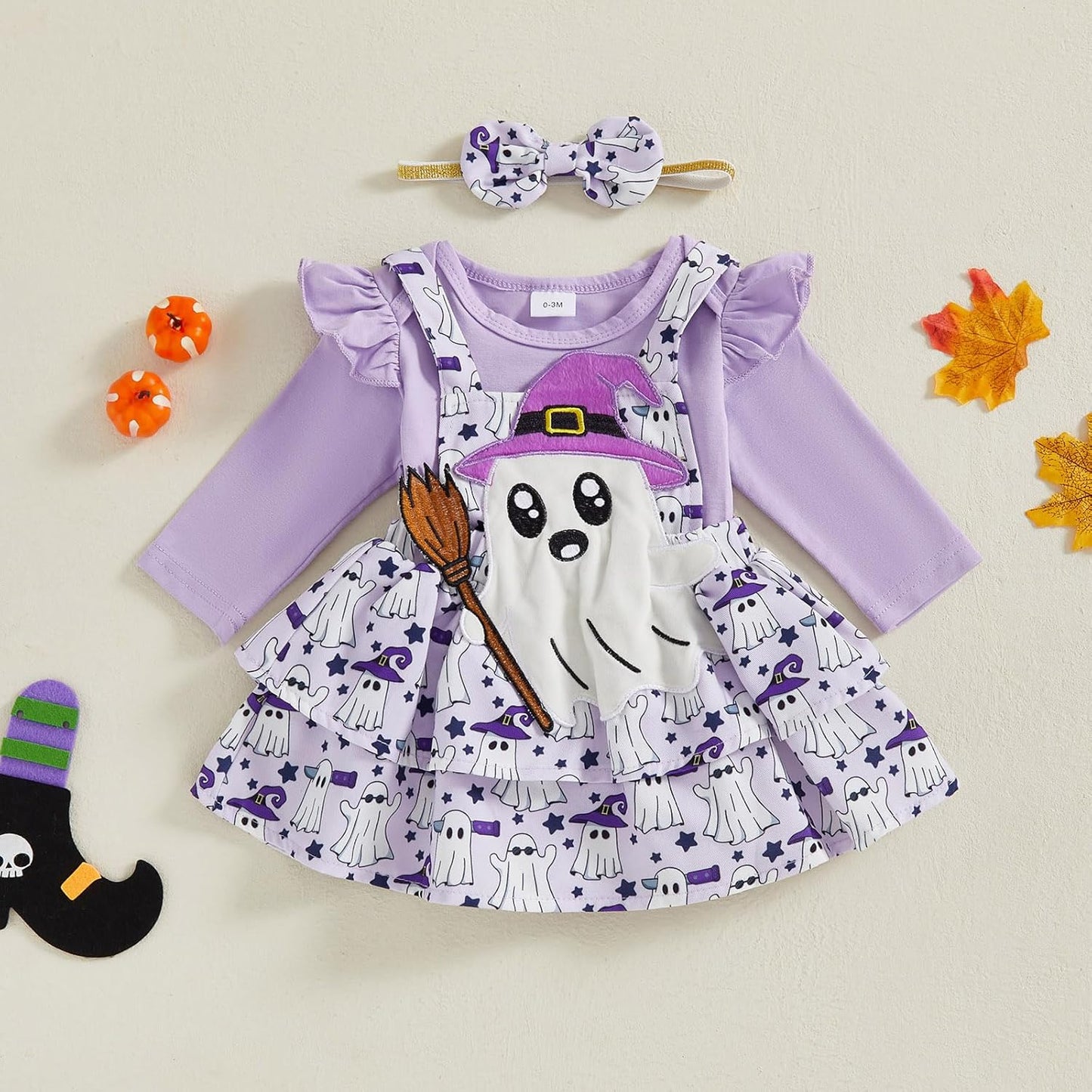 ESSECMBS Infant Baby Girl Halloween Romper Skirt 3 Pieces Clothing Set Long Sleeve Ruffle Shoulder Body Braces Pumpkin Ghost Skirt Headband Girls All Saints Clothing