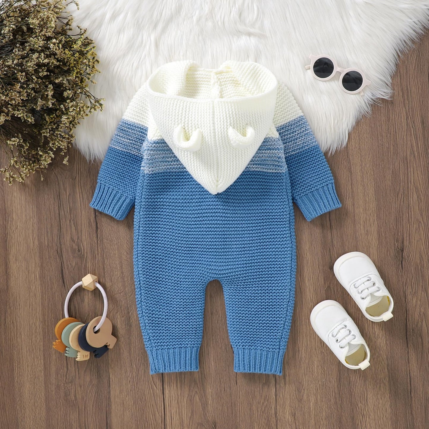 OBEEII Newborn Baby Knitted Romper Jumpsuit with Hood Ear Onesies Pullover Winter Warmer Onesie Bodysuit for Boys Girls