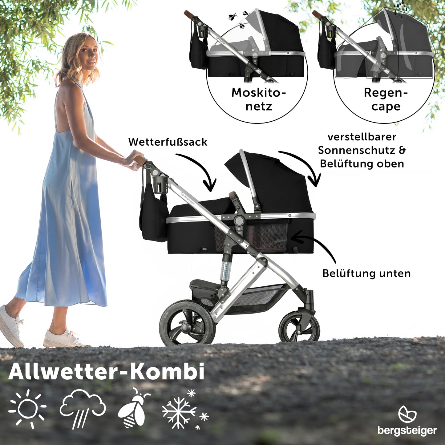 Bergsteiger Nizza 3 in 1 Kinderwagen, Kombikinderwagen Komplettset, Auto-Babyschale & Isofix Station, Babywanne & Buggy Sportsitz inklusive
