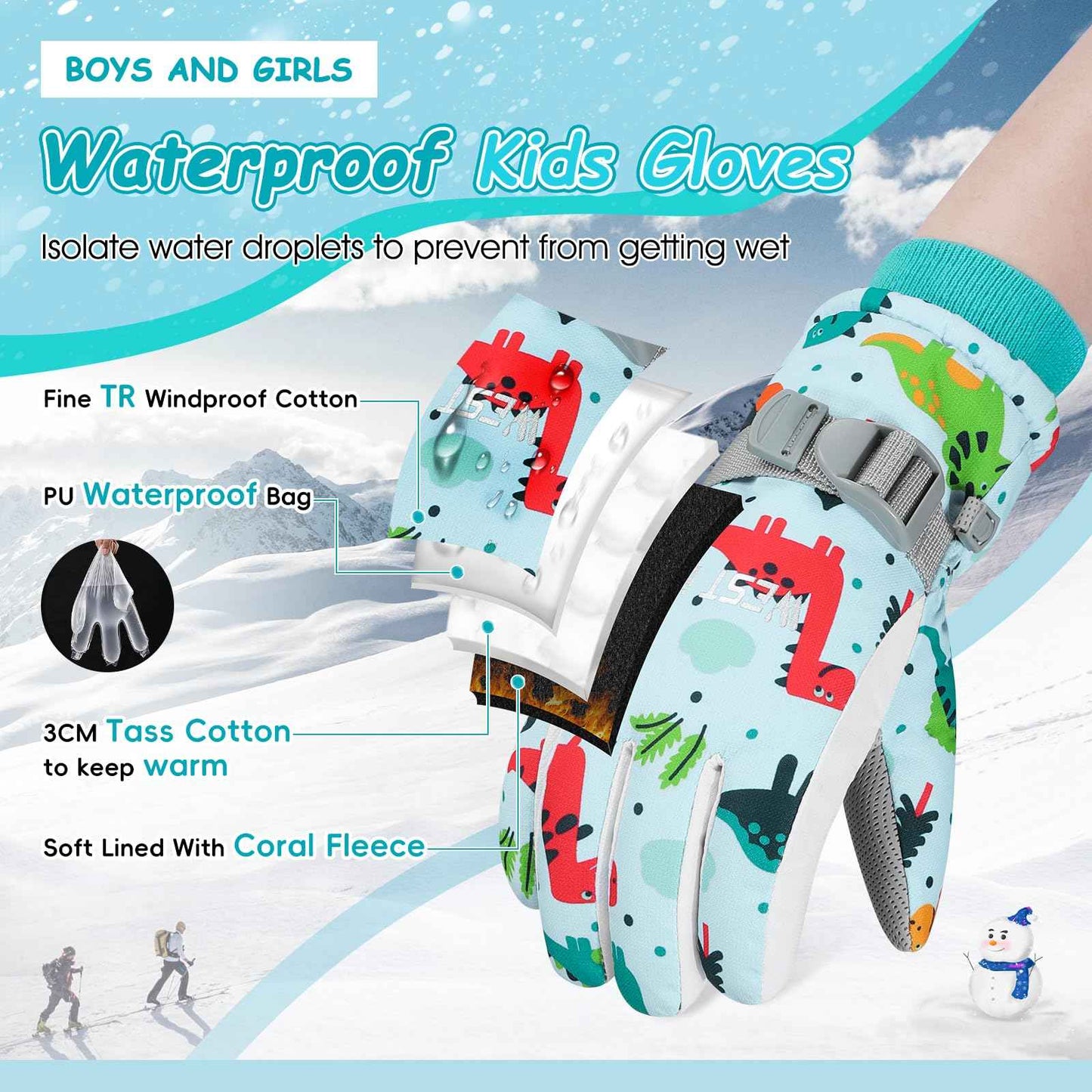 CYCLESPEED Kinder Winddicht Winterhandschuhe Warm Skihandschuhe Wasserdicht für 4-12 Jahre Mädchen Jungen Fahrradhandschuhe Outdoor Snowboarding