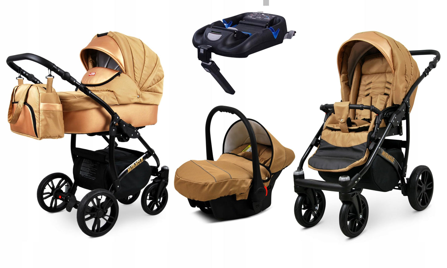 BabyLux Miracle 2-in-1 Baby Pushchair Deep and Pushchair with Accessories Adjustable and Foldable Aluminium Construction Waterproof Non-Removable Wheels Gold Leaf
