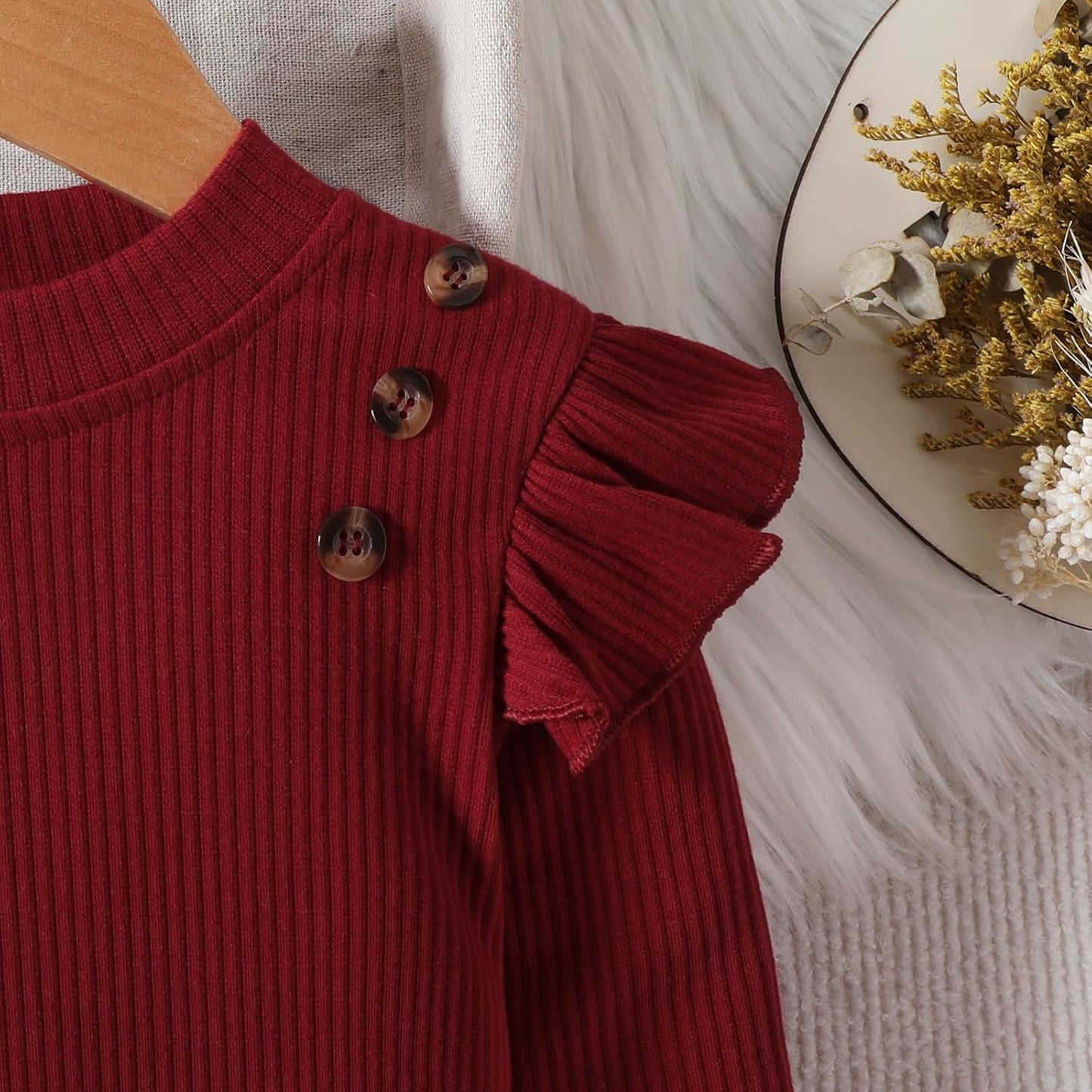 UUAISSO Kleinkind Baby Mädchen Kleidung Langarm Gerippte Oberteile Plaid Tweed Muster Rock Baskenmütze Herbst Knopf Outfits Sets