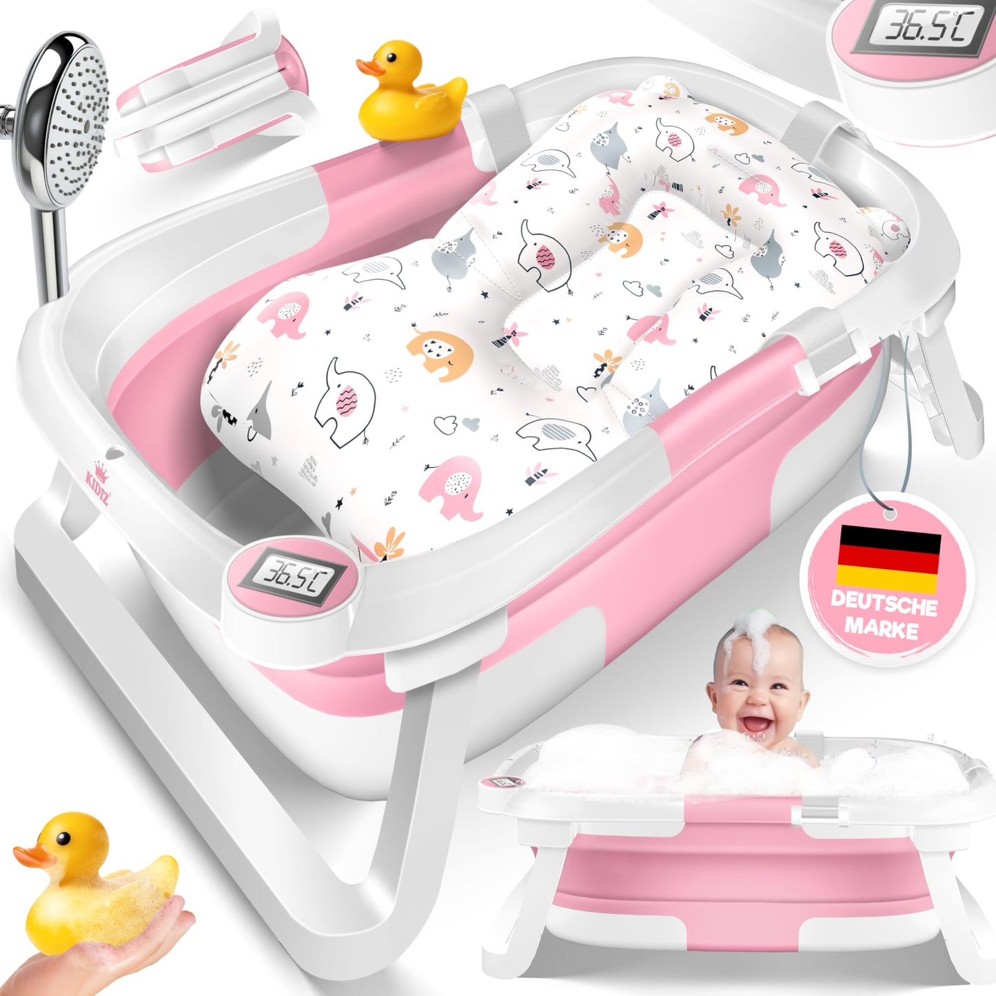 KIDIZ® Baby Bathtub, Baby Bathtub, Space-Saving & Foldable, Bath Tub, Shower Tray for Newborns, Toddlers, 0-24 Months, Portable Travel Shower for Babies, Ergonomic Bathtub with Thermostat and