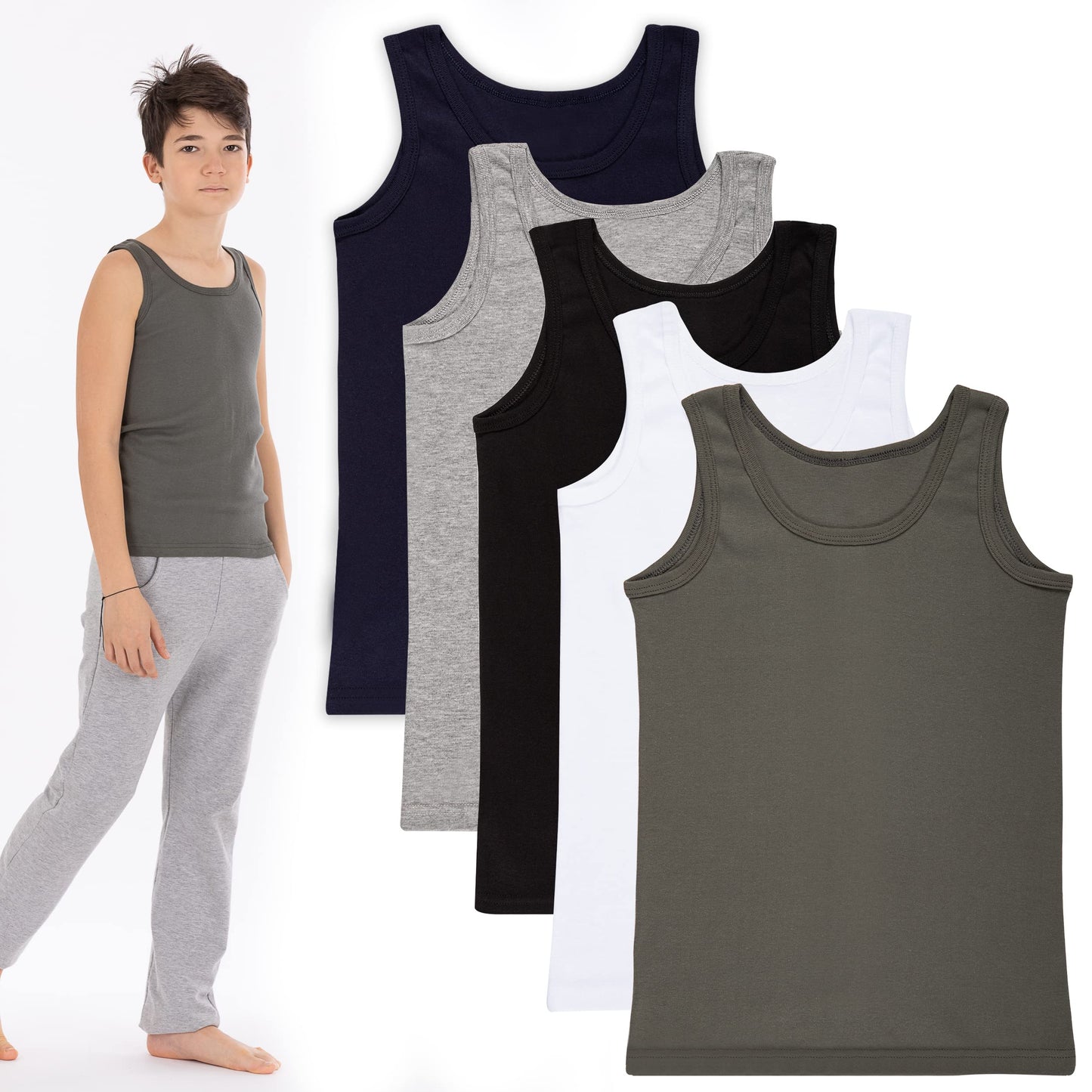 LOREZA ® 5 Pack Jungen Unterhemden Feinripp 100% Baumwolle ohne Seitennaht Tank Top