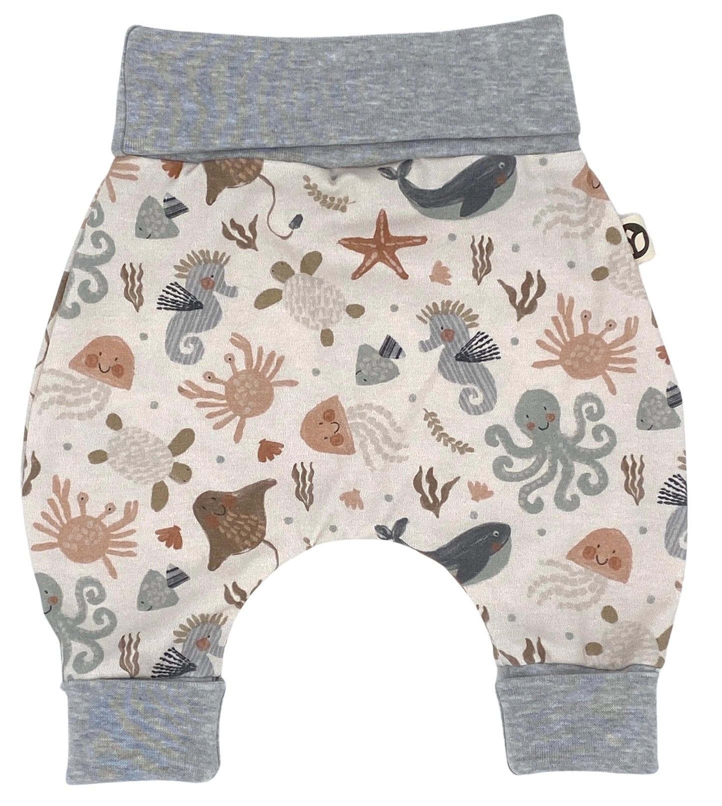Handmade Baby Baggy Trousers, Handmade Cotton Jersey Grows with Your Gown, Sizes 50-74, 68-86, 92-104, Fairly Produced in Germany (Sea Creatures, 50-74)