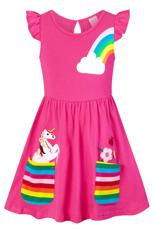 SFreeBo Girls Dresses Unicorn Rainbow Dress Kids Girls Gift Cotton Colourful Dresses for Girls 104 110 116 122 128