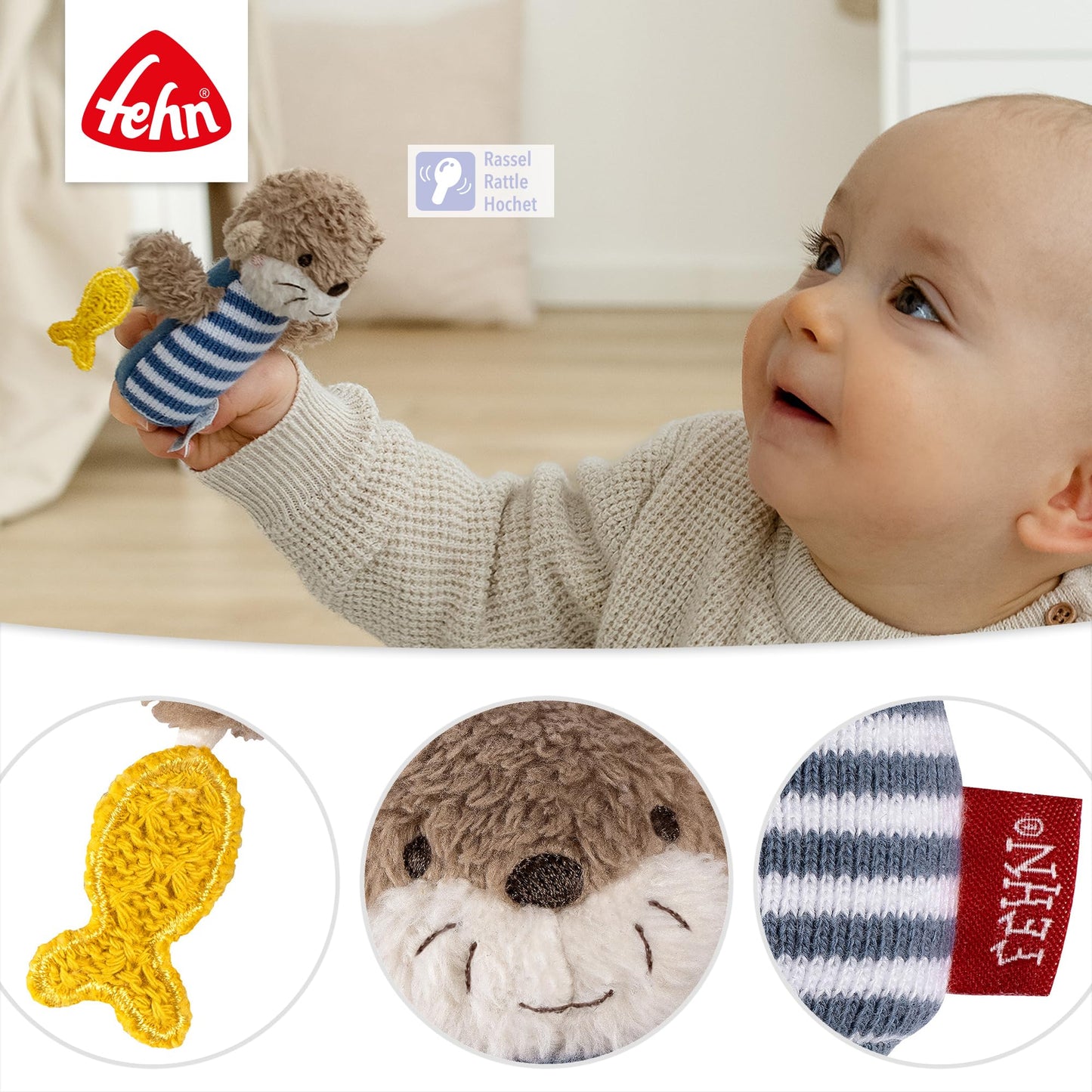 Fehn Mini-Rassel Otter – Mini-Greifling zum Rasseln, Fühlen, Spielen mit kuschelweichem Stoff-Tier – ein treuer Begleiter für Babys und Kleinkinder ab 0+ Monaten