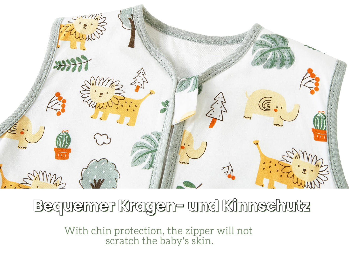 Chilsuessy Children's Sleeping Bag 1.5 Tog Pack of 2 Baby Sleeping Bag Made of 100% Cotton, Baby All-Year Sleeping Bag Pyjamas for Boys and Girls, 1.5 Tog/Elephant Lion + Green, 110 cm / Baby Height