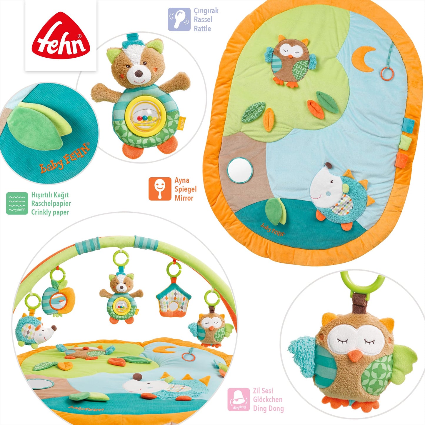 Fehn 3-D-Activity-Decke Spielbogen Peru – Baby Krabbeldecke mit 5 abnehmbaren Spielzeugen zum Greifen – Spieldecke für Babys und Kinder ab 0+ Monaten – Krabbelmatte als Geschenk zur Geburt