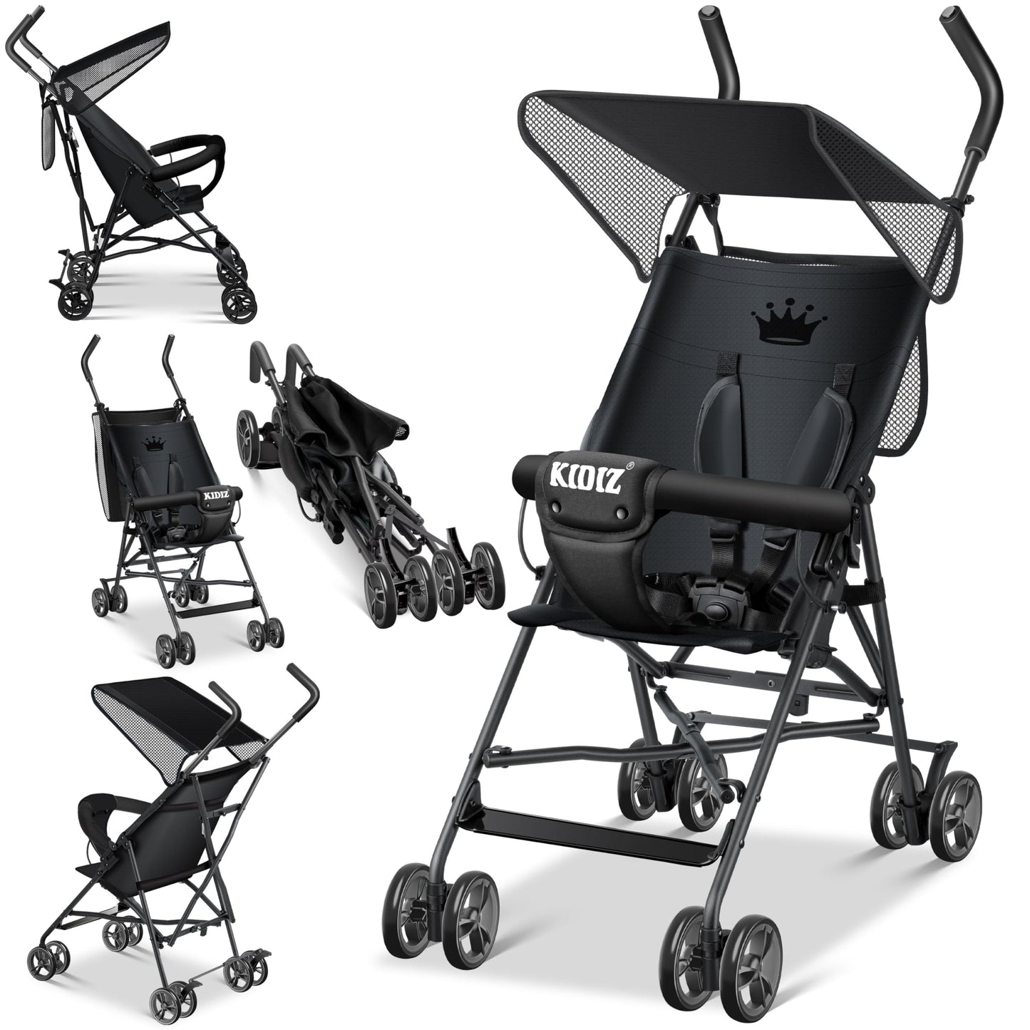 KIDIZ® City Buggy Foldable 360° 4 Inch Wheels Including Sun and Rain Cover Foldable 5-Point Safety Belt from 6 Months Anthracite - Meloni2