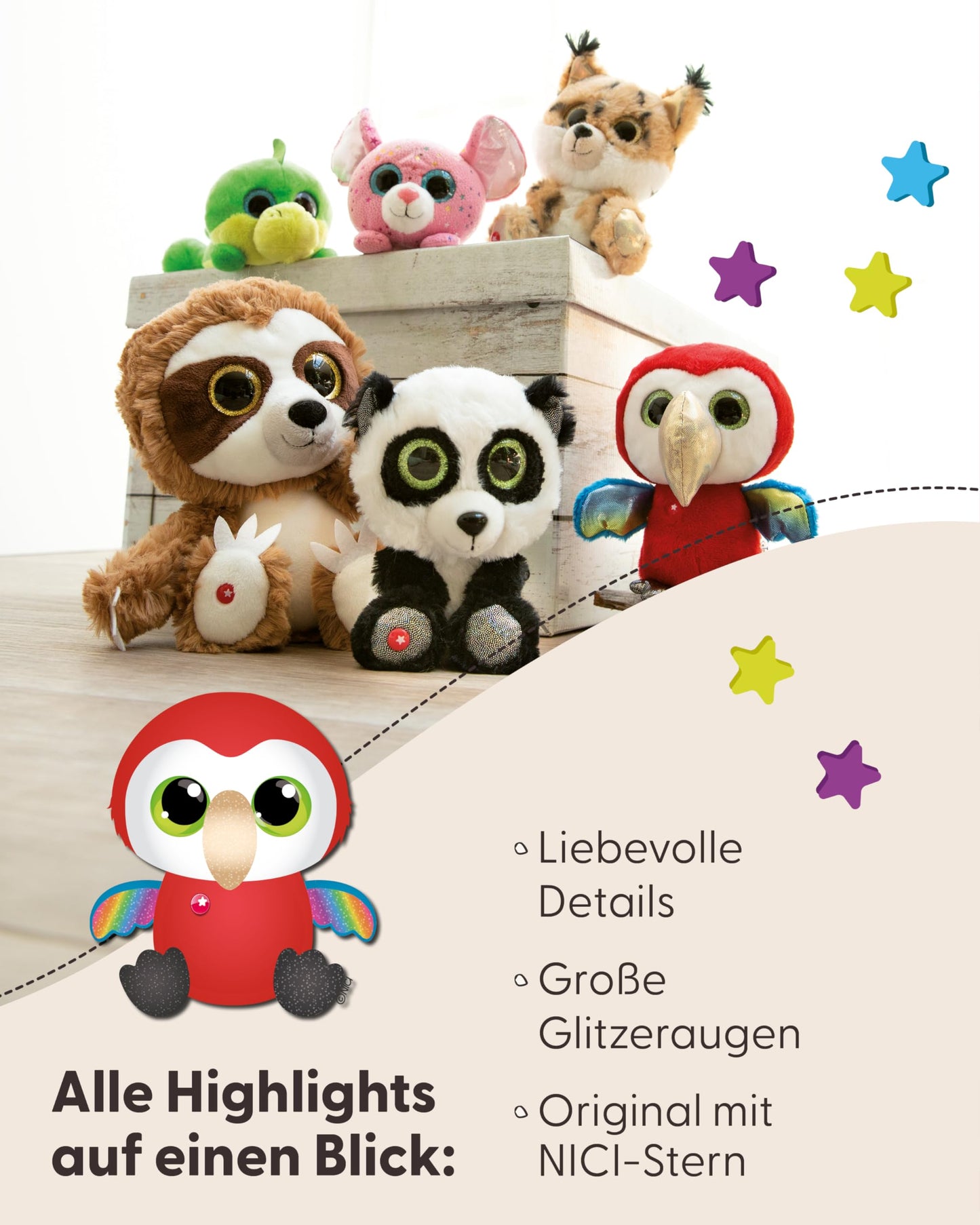 NICI GLUBSCHIS Luchs Lenzo 15cm - Schlenkernder Kuscheltier Luchs mit großen Glitzeraugen - 49295