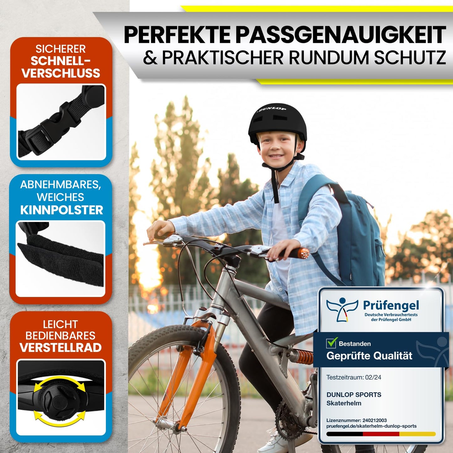 DUNLOP SPORTS Fahrradhelm Kinder Jugendliche Erwachsene - Test Sehr Gut - Leichter robuster Urban Allrounder Helm, 14 Fach belüftet, Schnellverschluss, Auto Kopfanpassung
