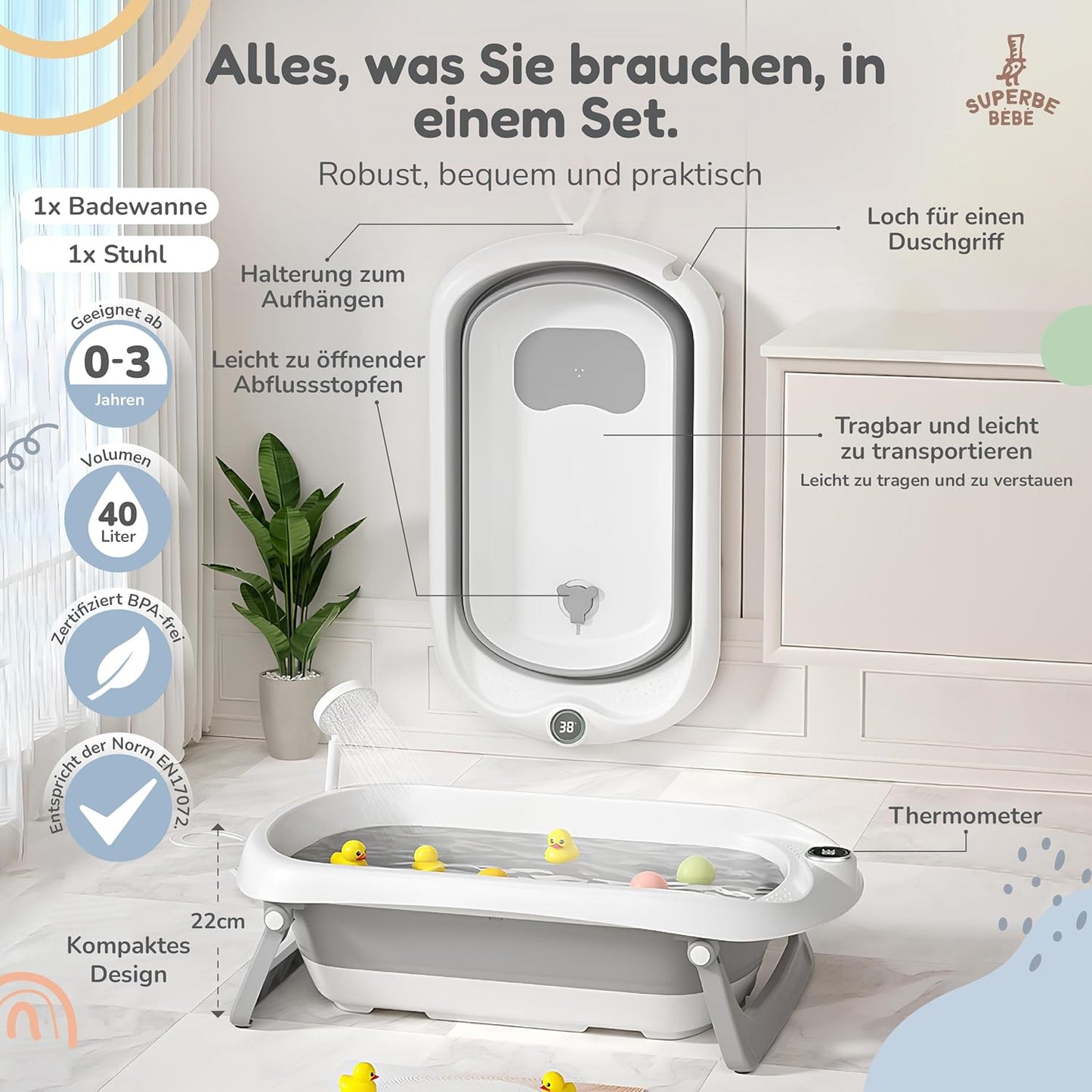 Faltbar Baby Badewanne Mit Rutschfestem Badewannensitz - Babywanne Xxl Mit Badethermometer - Von Der Geburt Bis 3 Jahre - Baby Bathtub - Babygeschenk - Geburtsgeschenke Für Mädchen & Jungen