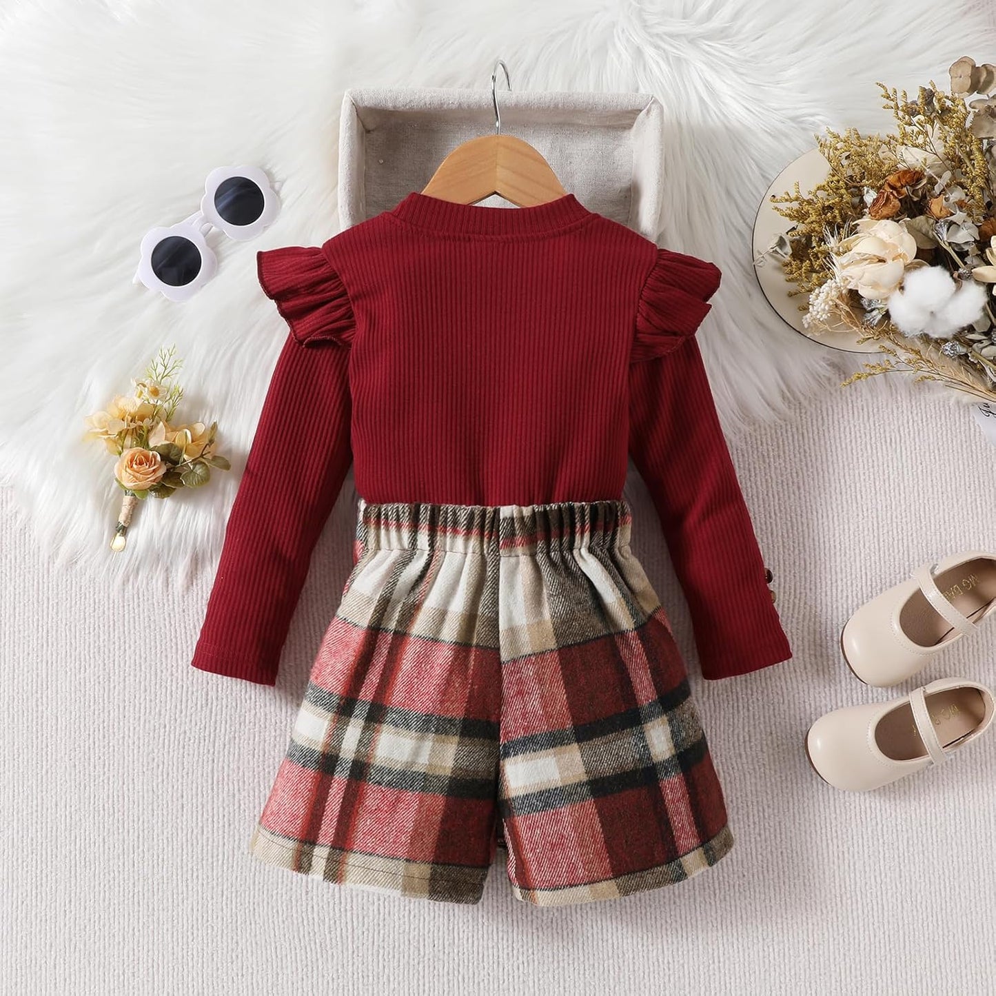 UUAISSO Kleinkind Baby Mädchen Kleidung Langarm Gerippte Oberteile Plaid Tweed Muster Rock Baskenmütze Herbst Knopf Outfits Sets