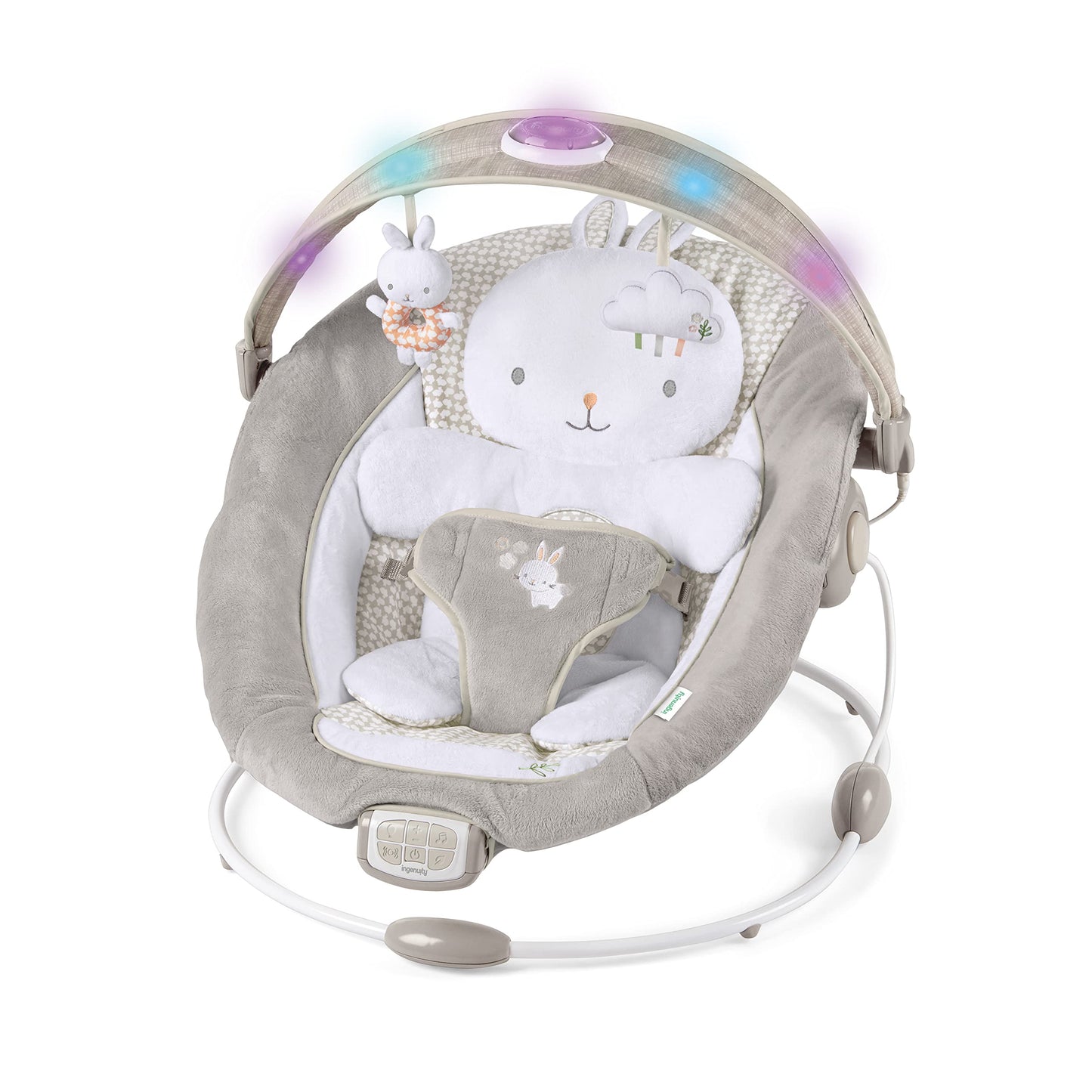 Ingenuity, InLighten Babywippe Babyschaukel mit Lichtern, Nate Bunny, Spielzeugleiste, Vibrationen, Geräuschen, Tummy Time Kissenmatte, bis zu 20 lbs, Neugeborenes+
