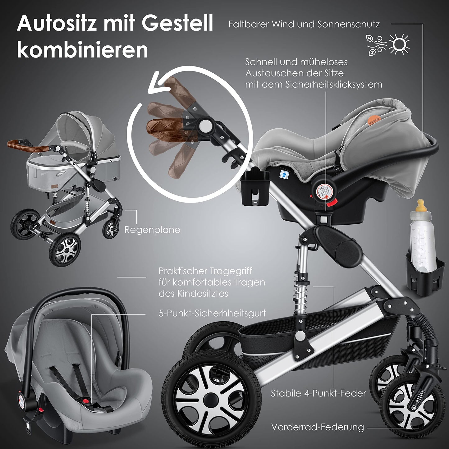KESSER® Loops 3 in 1 Kinderwagen Kombikinderwagen Komplett-Set inkl. Babywanne & Buggy Sportsitz & Auto-Babyschale Voll-Gummireifen Wickeltasche Regenschutz Kindertisch ECE R129, Schwarz/Champagne - Meloni2