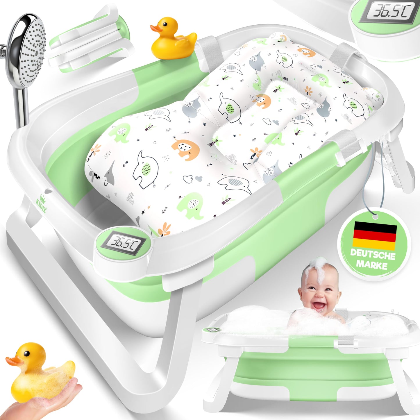 KIDIZ® Baby Bathtub, Baby Bathtub, Space-Saving & Foldable, Bath Tub, Shower Tray for Newborns, Toddlers, 0-24 Months, Portable Travel Shower for Babies, Ergonomic Bathtub with Thermostat and