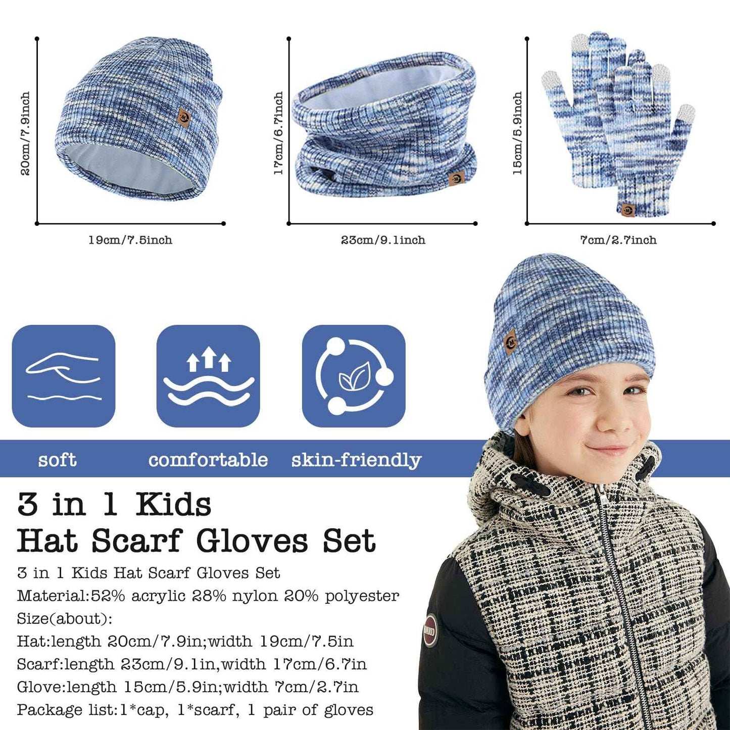 MARUKO Children's Winter Hat Scarf Gloves Set 3 in 1, Toddler Knitted Beanie Neck Warmer, Thick Fleece Thermal Knit Hat Scarf Gloves Set for Children Aged 2-8